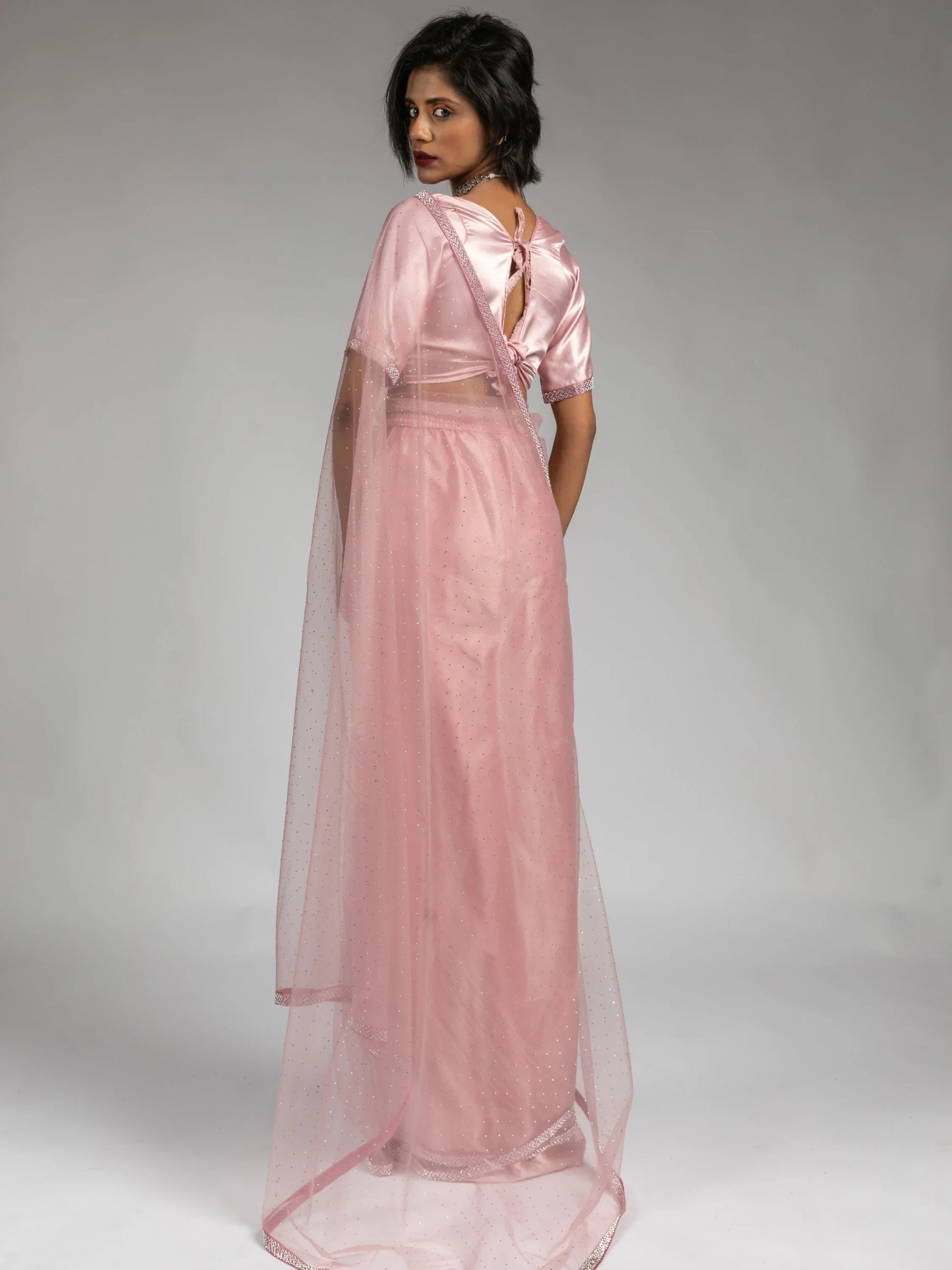 Pretty Baby Pink Lace Bordered Net Party Wear Pre-Stitched Saree With Blouse - Zeel Clothing