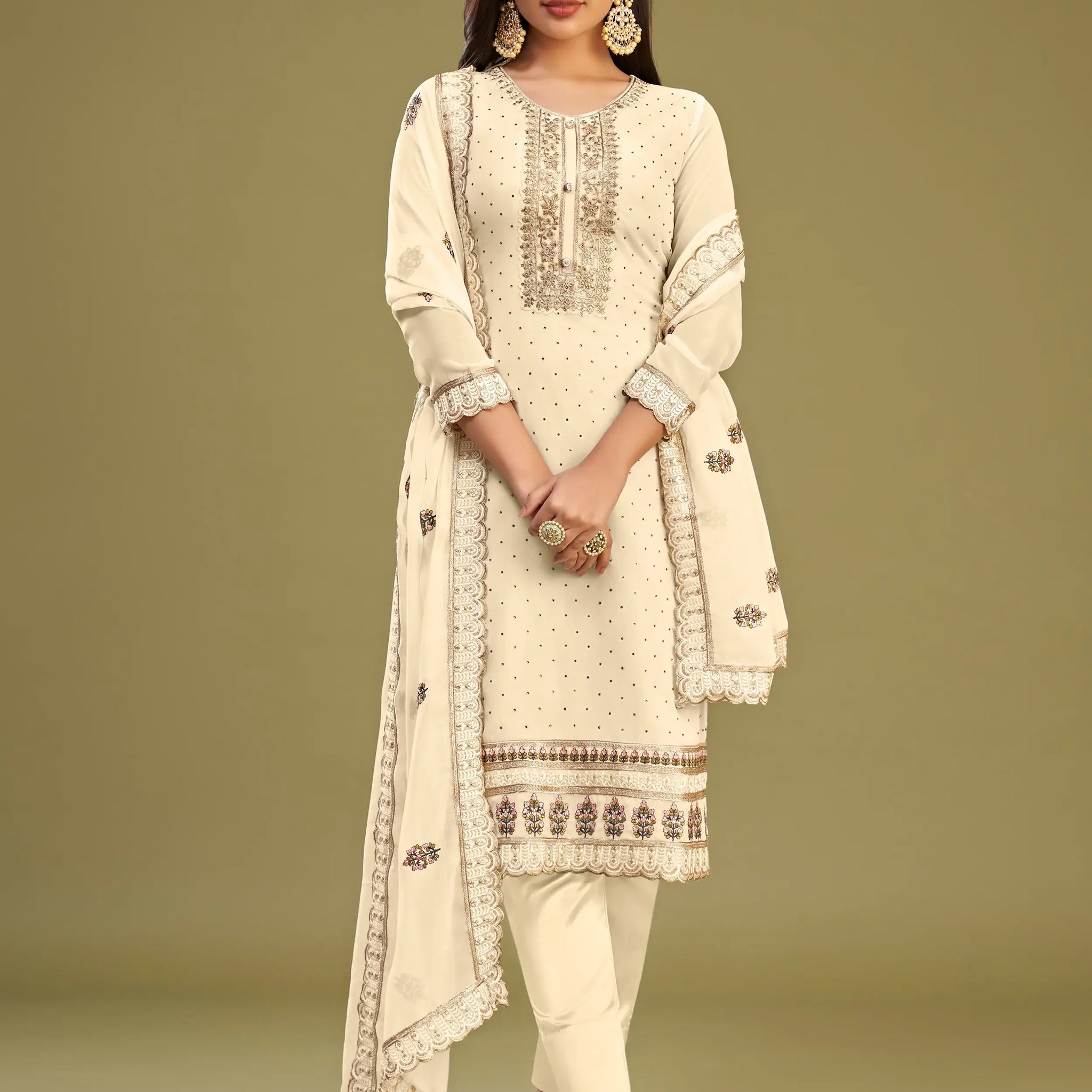 Pretty Beige Multi-Thread Work Georgette Traditional Salwar Kameez - Zeel Clothing