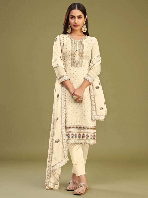 Pretty Beige Multi-Thread Work Georgette Traditional Salwar Kameez - Zeel Clothing