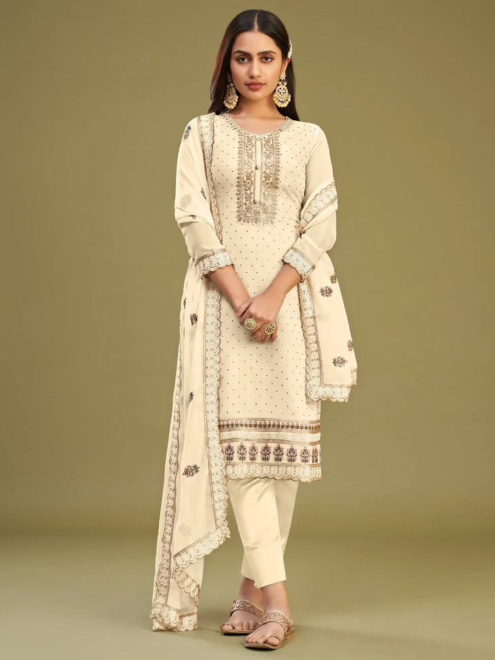 Pretty Beige Multi-Thread Work Georgette Traditional Salwar Kameez - Zeel Clothing