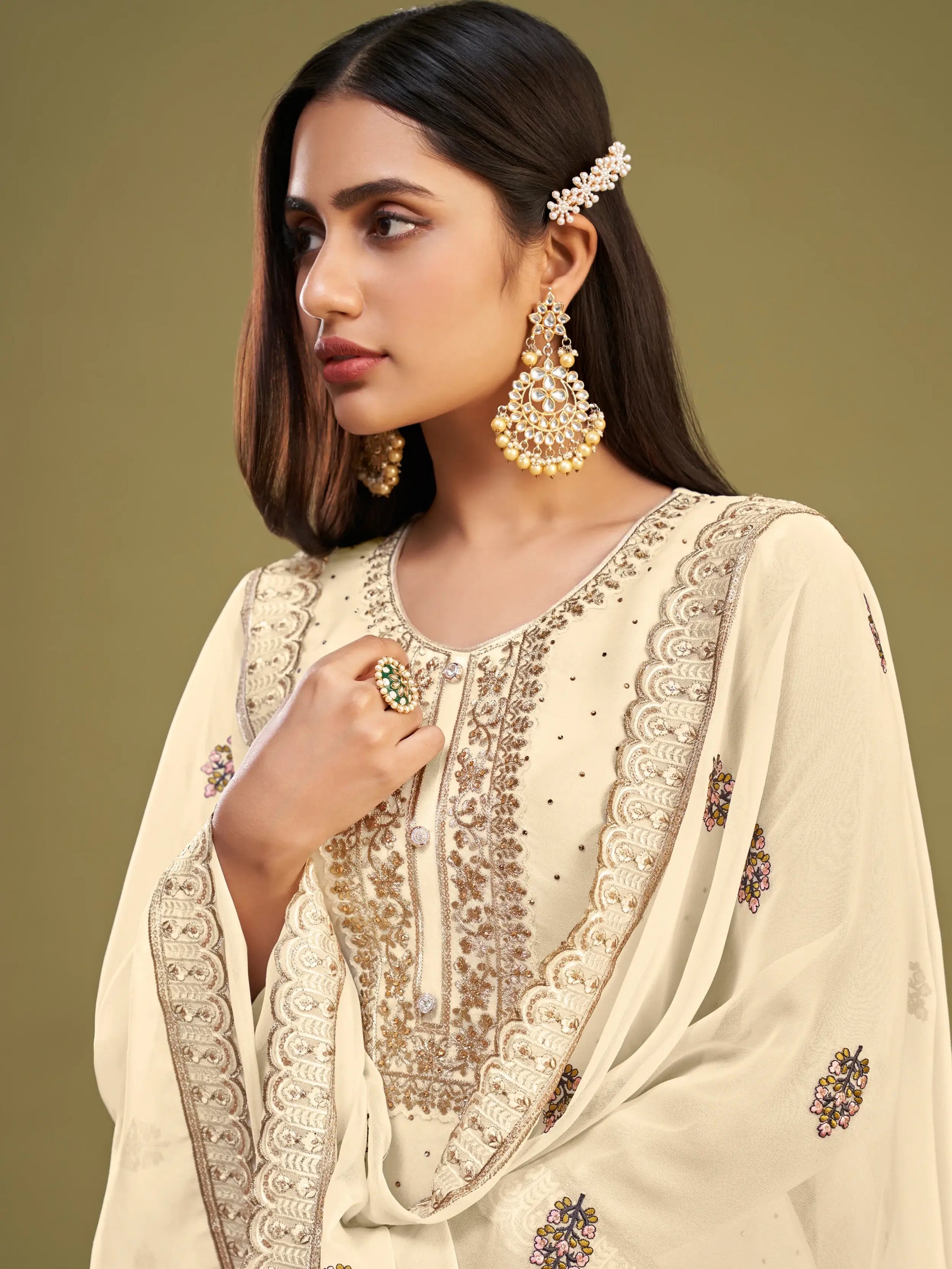 Pretty Beige Multi-Thread Work Georgette Traditional Salwar Kameez - Zeel Clothing