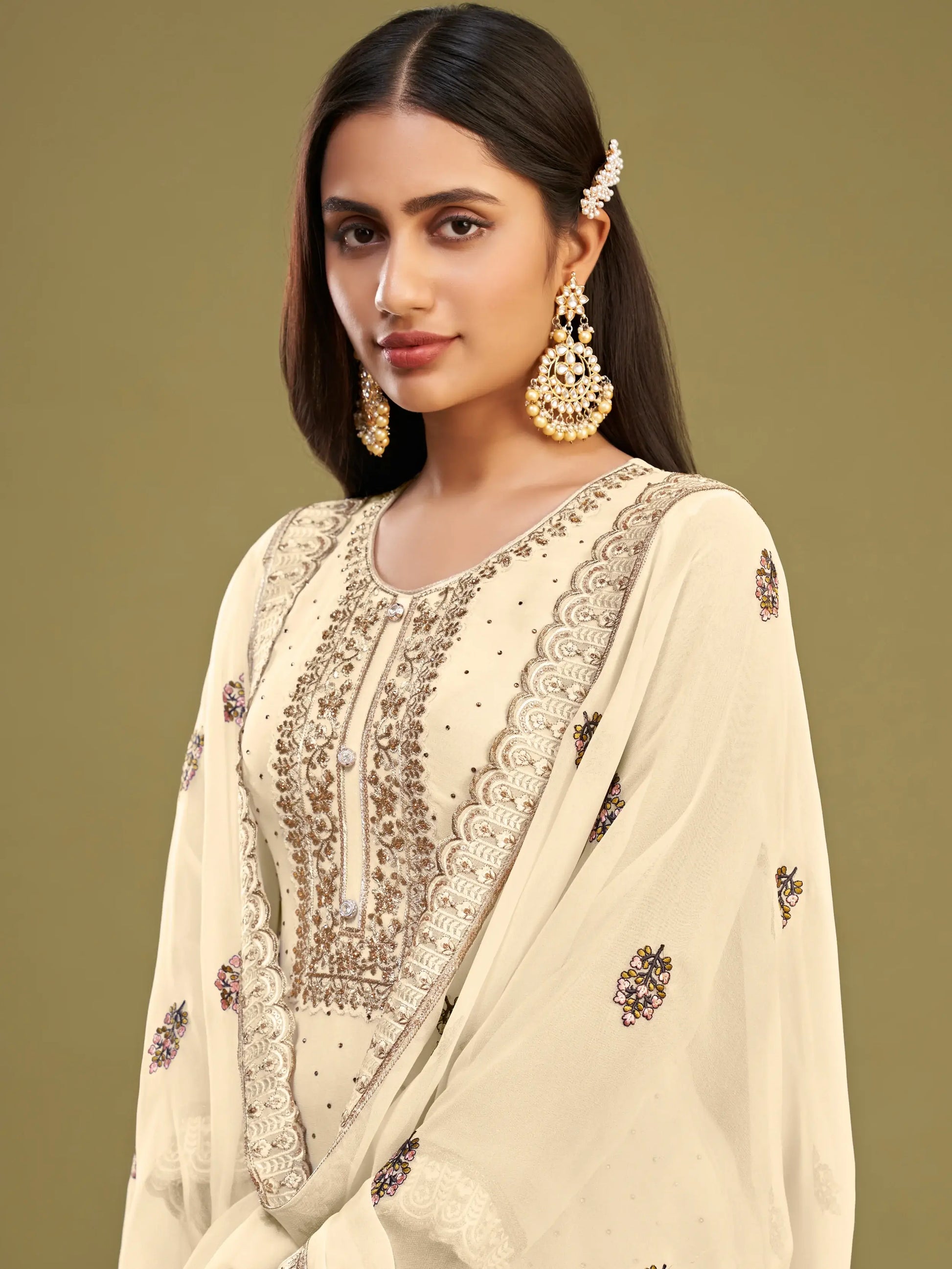 Pretty Beige Multi-Thread Work Georgette Traditional Salwar Kameez - Zeel Clothing