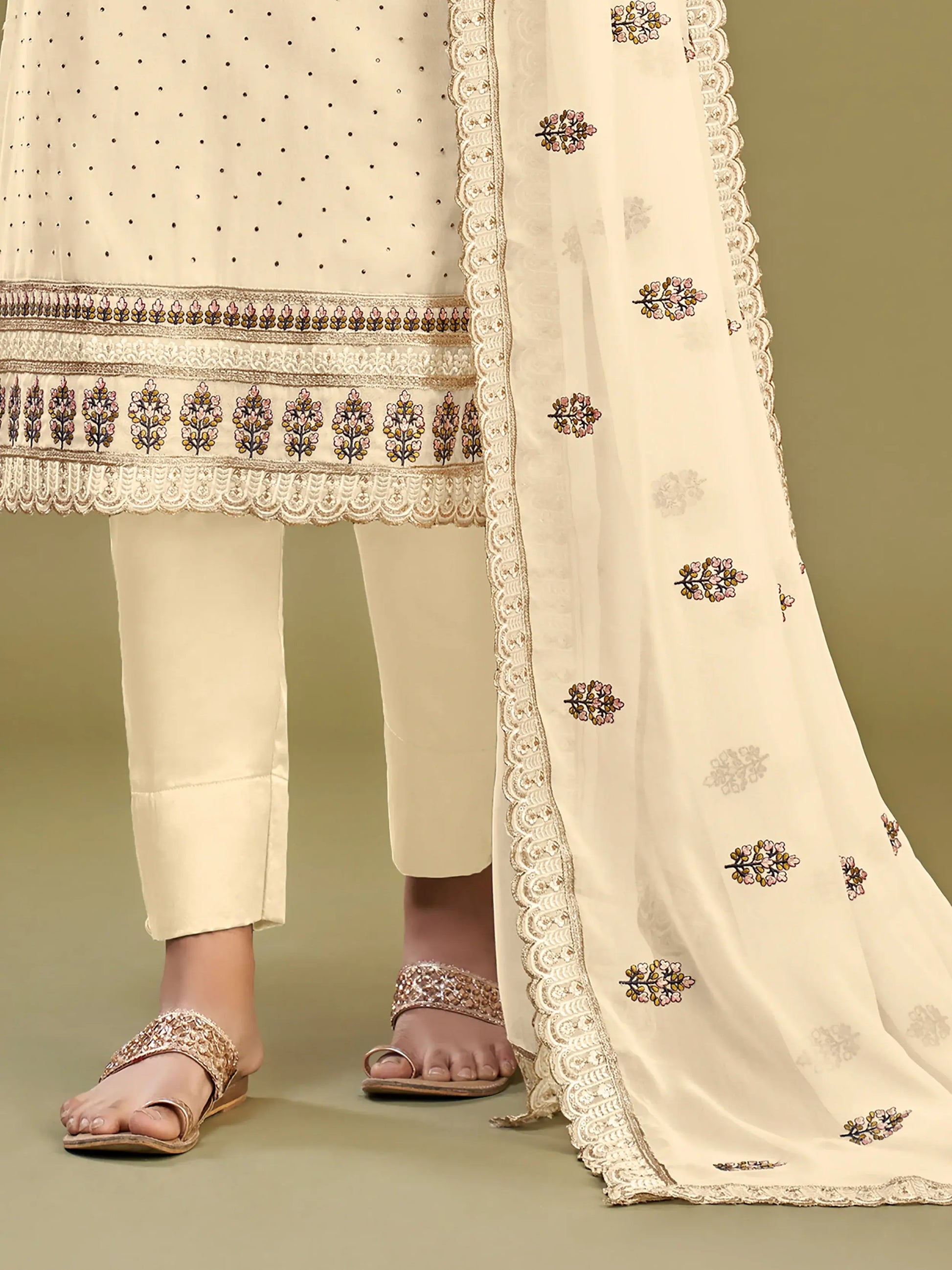 Pretty Beige Multi-Thread Work Georgette Traditional Salwar Kameez - Zeel Clothing