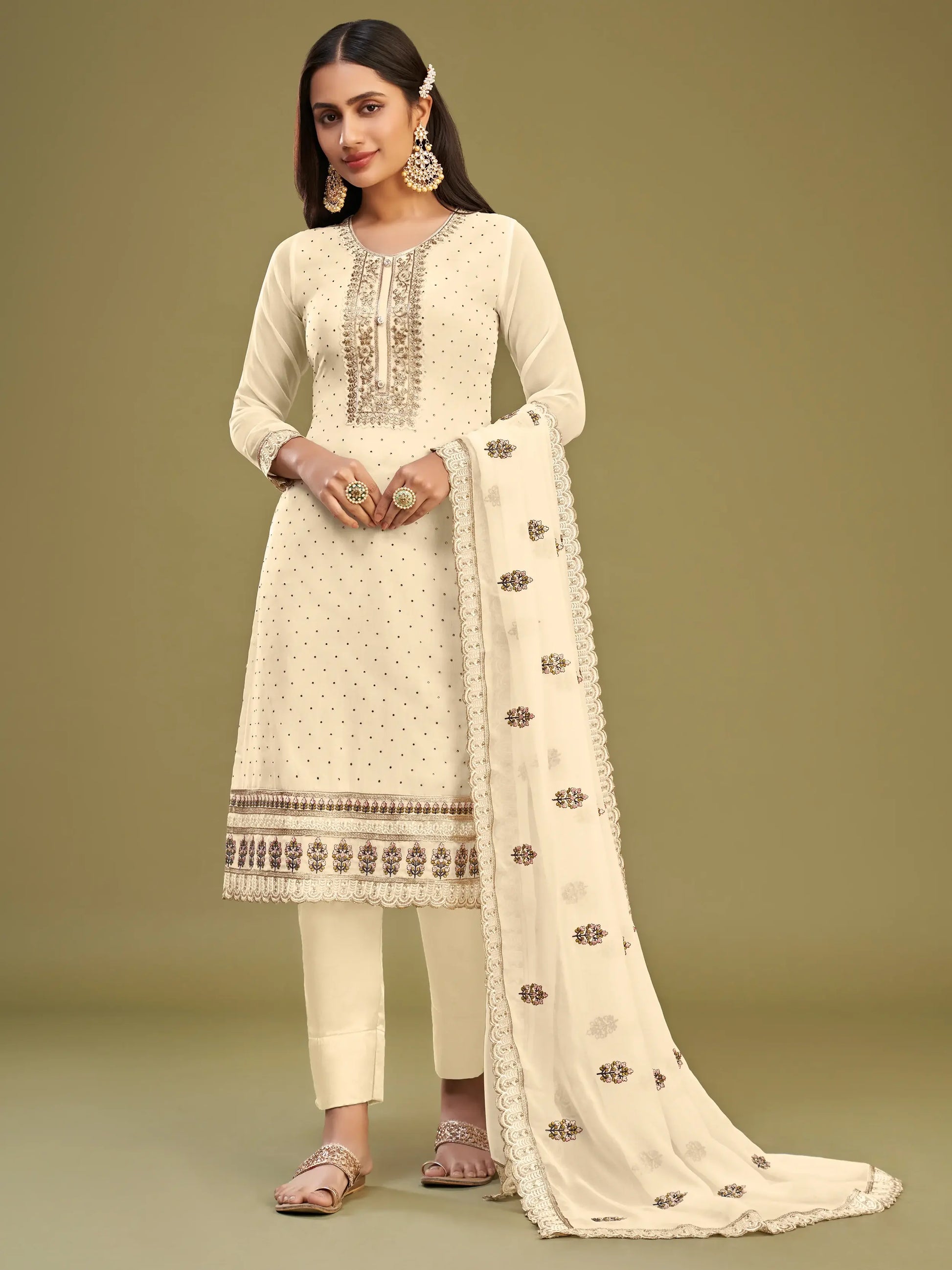 Pretty Beige Multi-Thread Work Georgette Traditional Salwar Kameez - Zeel Clothing