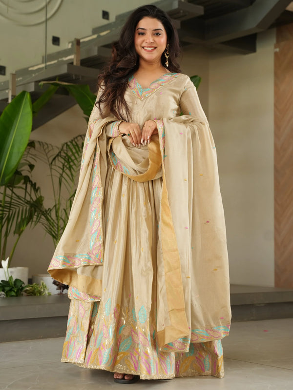 Pretty Beige Sequins Embroidery Chinon Designer Gown With Dupatta - Zeel Clothing