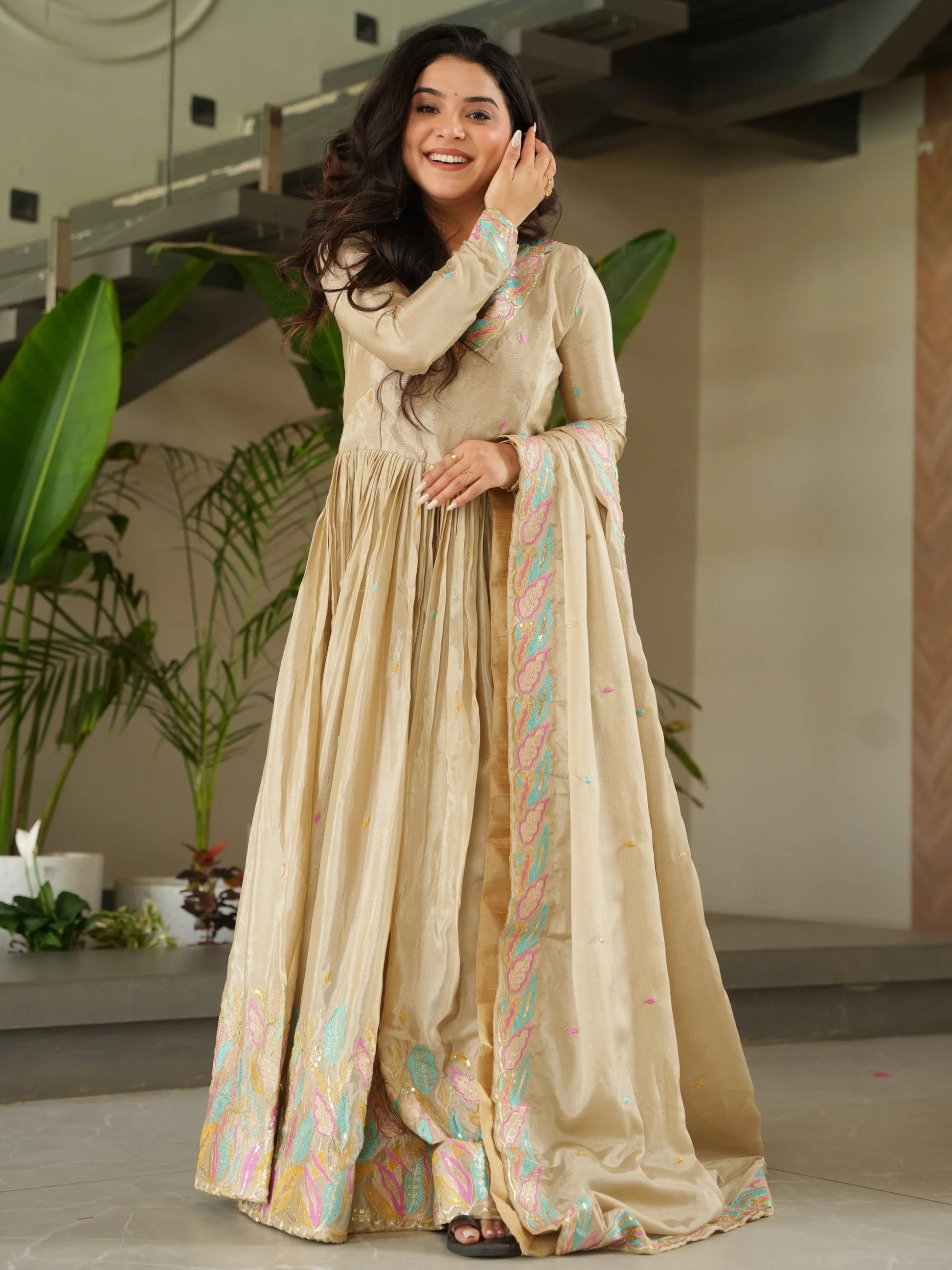 Pretty Beige Sequins Embroidery Chinon Designer Gown With Dupatta - Zeel Clothing