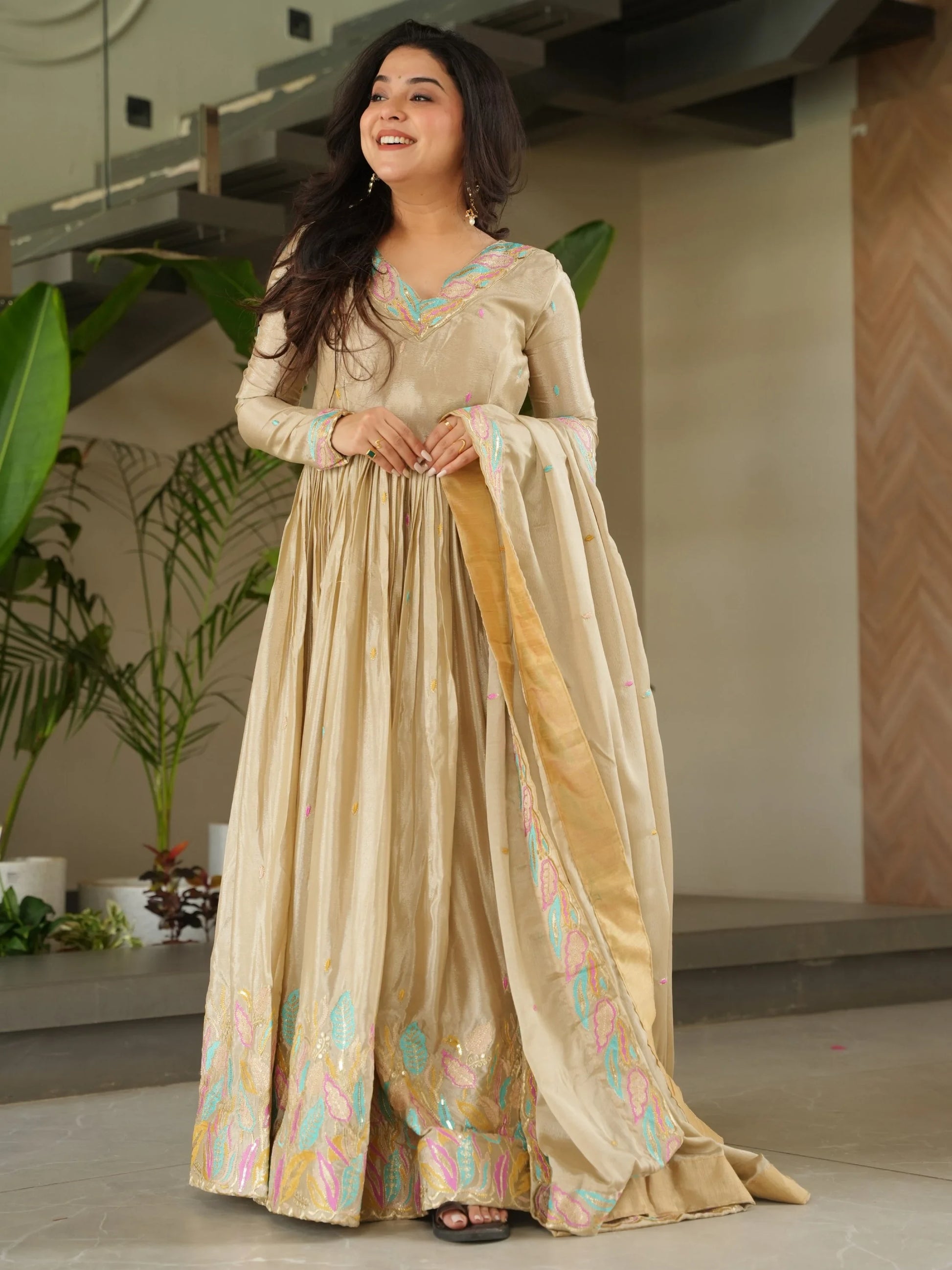 Pretty Beige Sequins Embroidery Chinon Designer Gown With Dupatta - Zeel Clothing