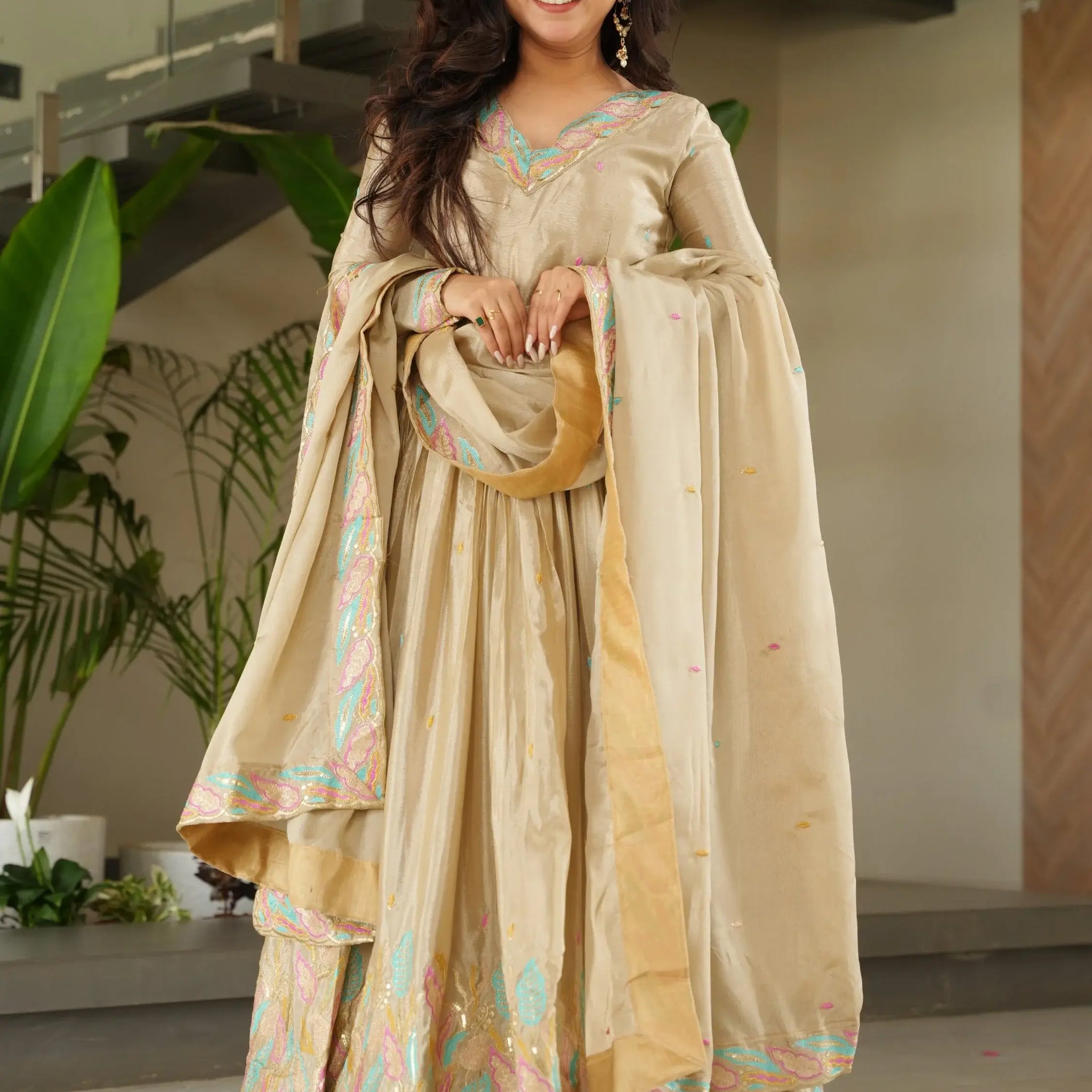 Pretty Beige Sequins Embroidery Chinon Designer Gown With Dupatta - Zeel Clothing