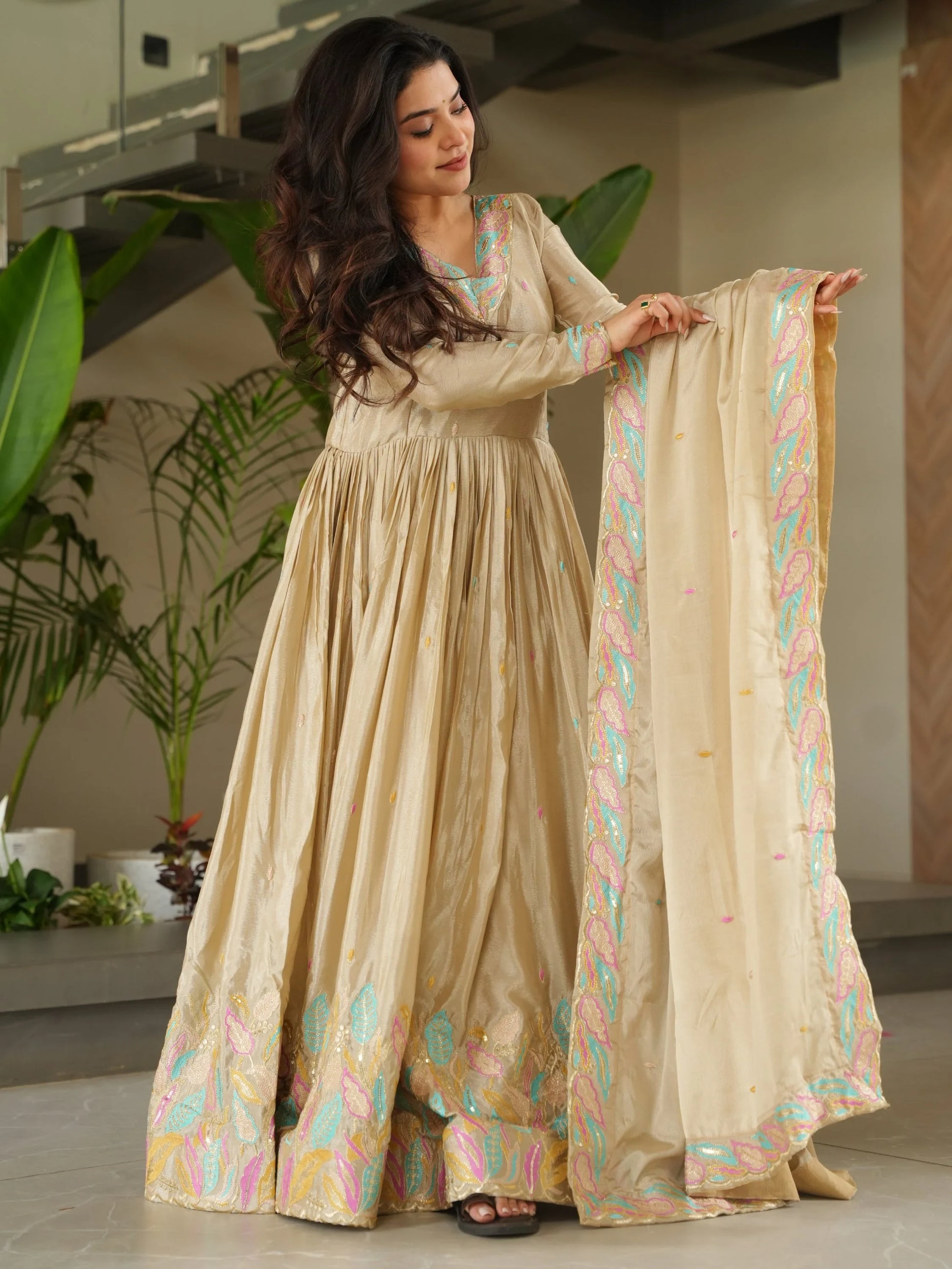 Pretty Beige Sequins Embroidery Chinon Designer Gown With Dupatta - Zeel Clothing