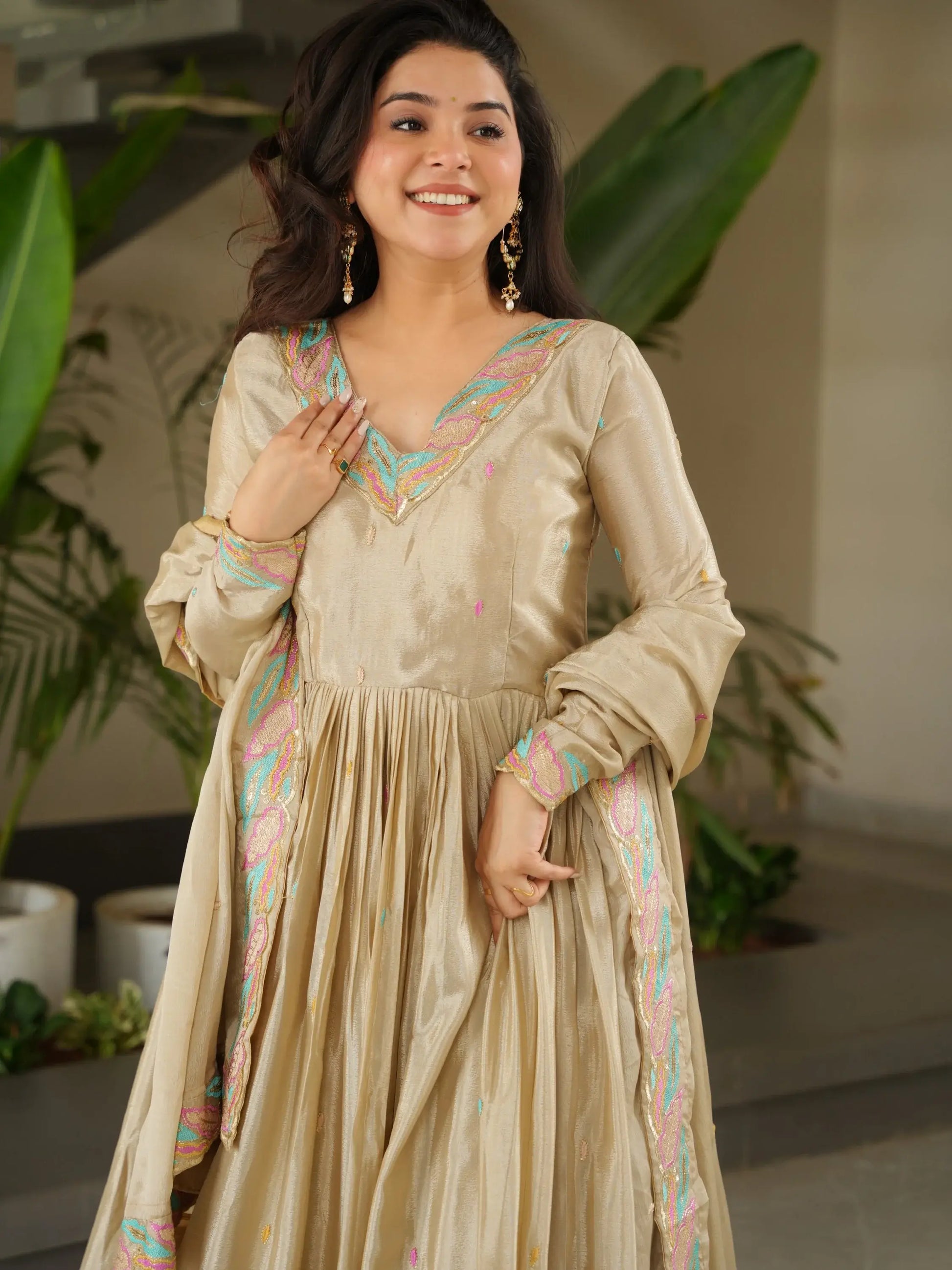 Pretty Beige Sequins Embroidery Chinon Designer Gown With Dupatta - Zeel Clothing