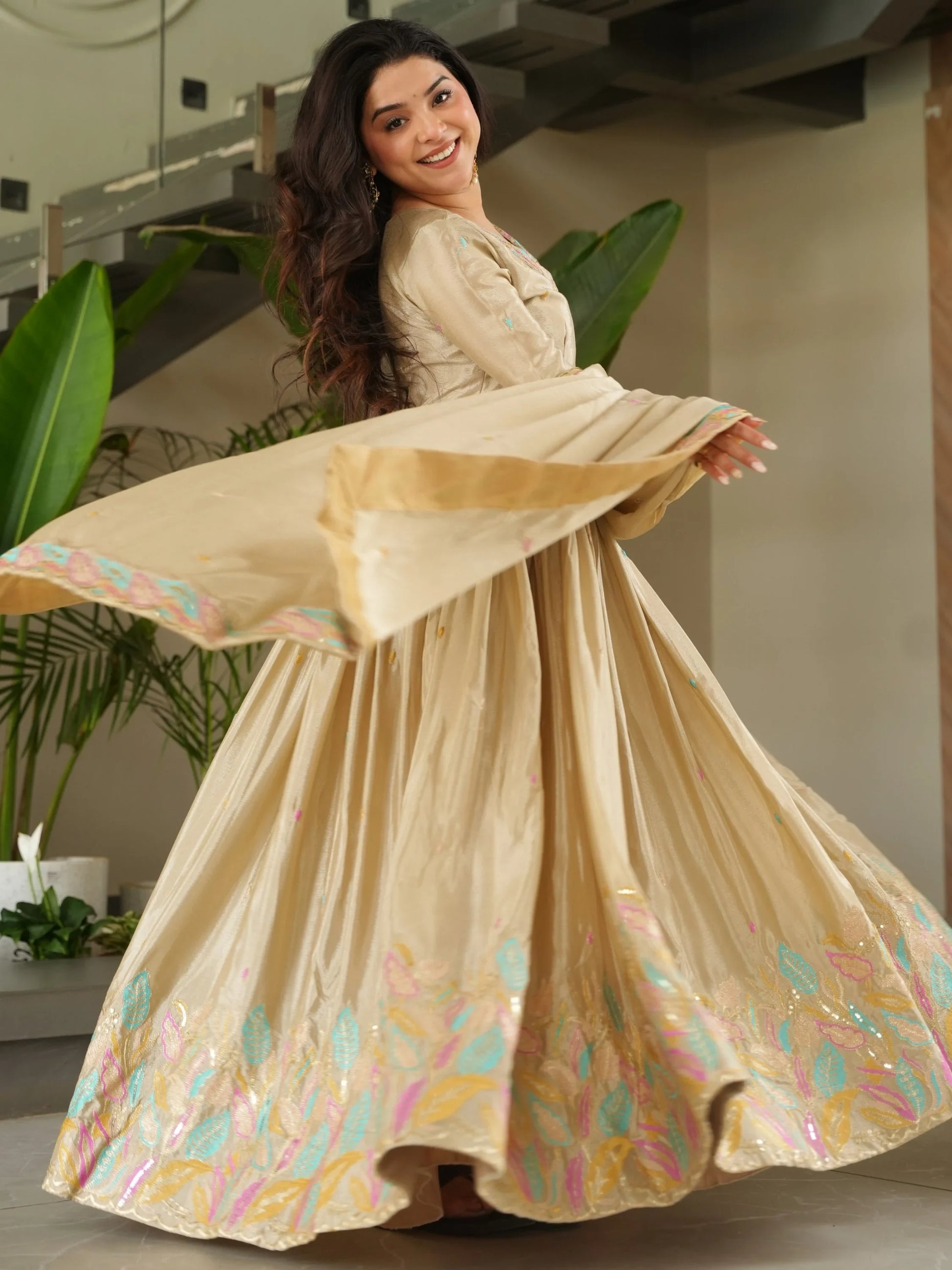 Pretty Beige Sequins Embroidery Chinon Designer Gown With Dupatta - Zeel Clothing