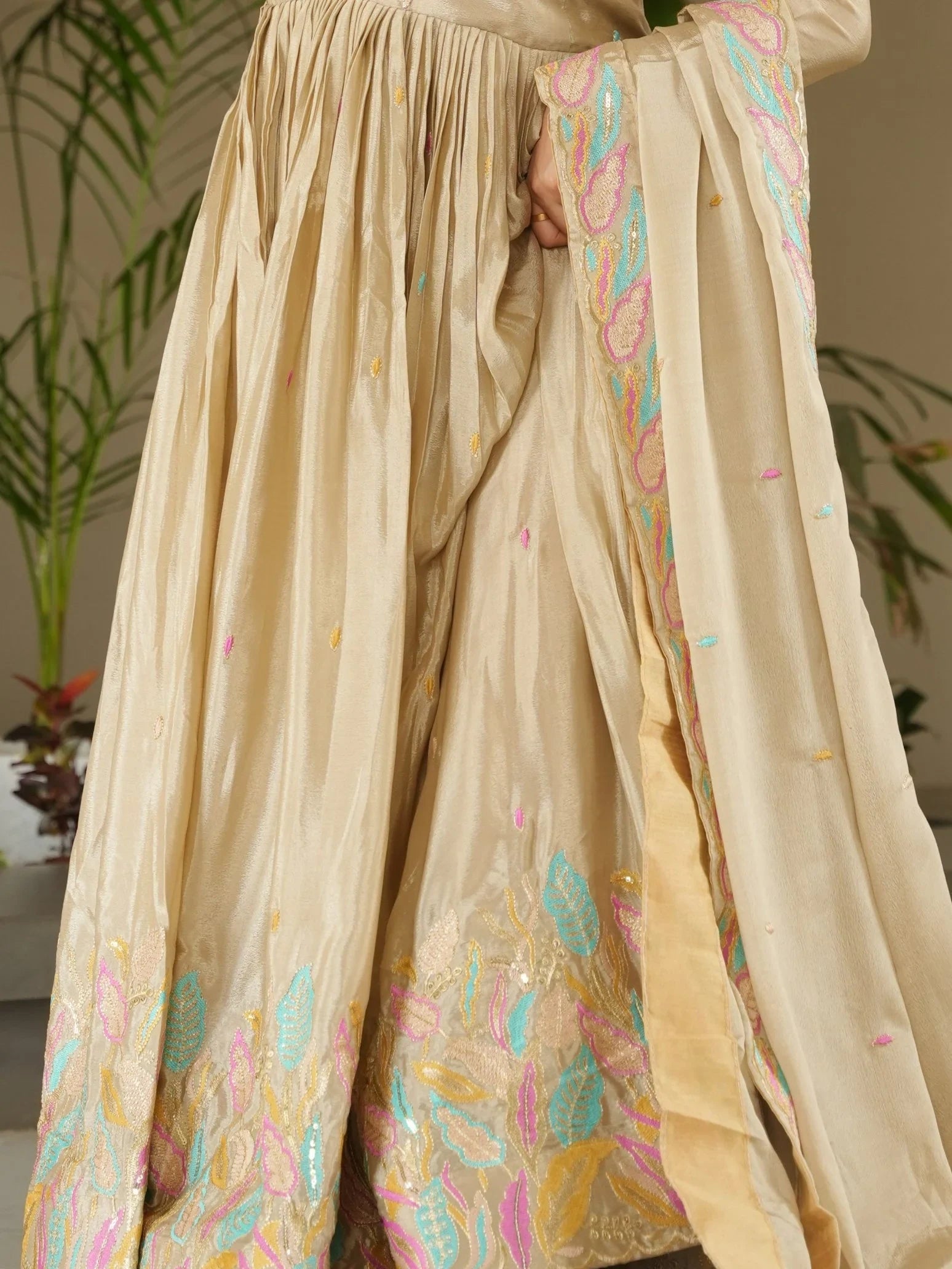 Pretty Beige Sequins Embroidery Chinon Designer Gown With Dupatta - Zeel Clothing