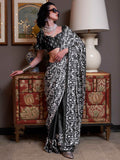 Pretty Black Digital Printed Satin Casual Wear Saree With Blouse - Zeel Clothing
