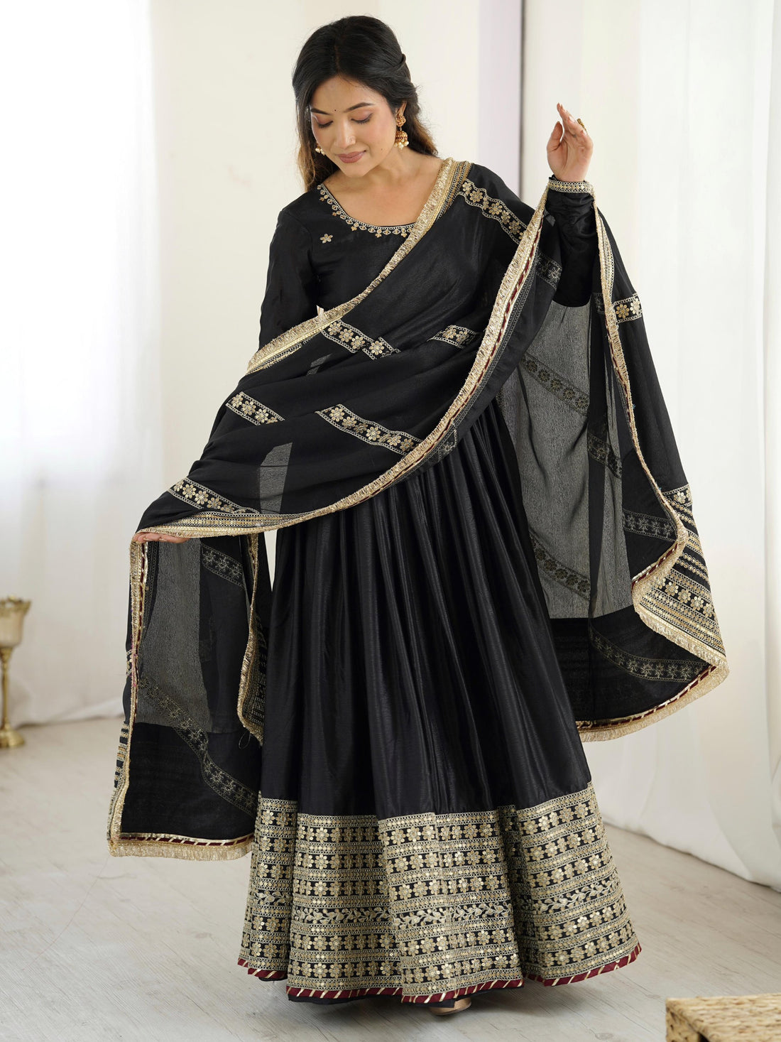 Pretty Black Thread Embroidered Chinon Silk Anarkali Suit With Dupatta - Zeel Clothing