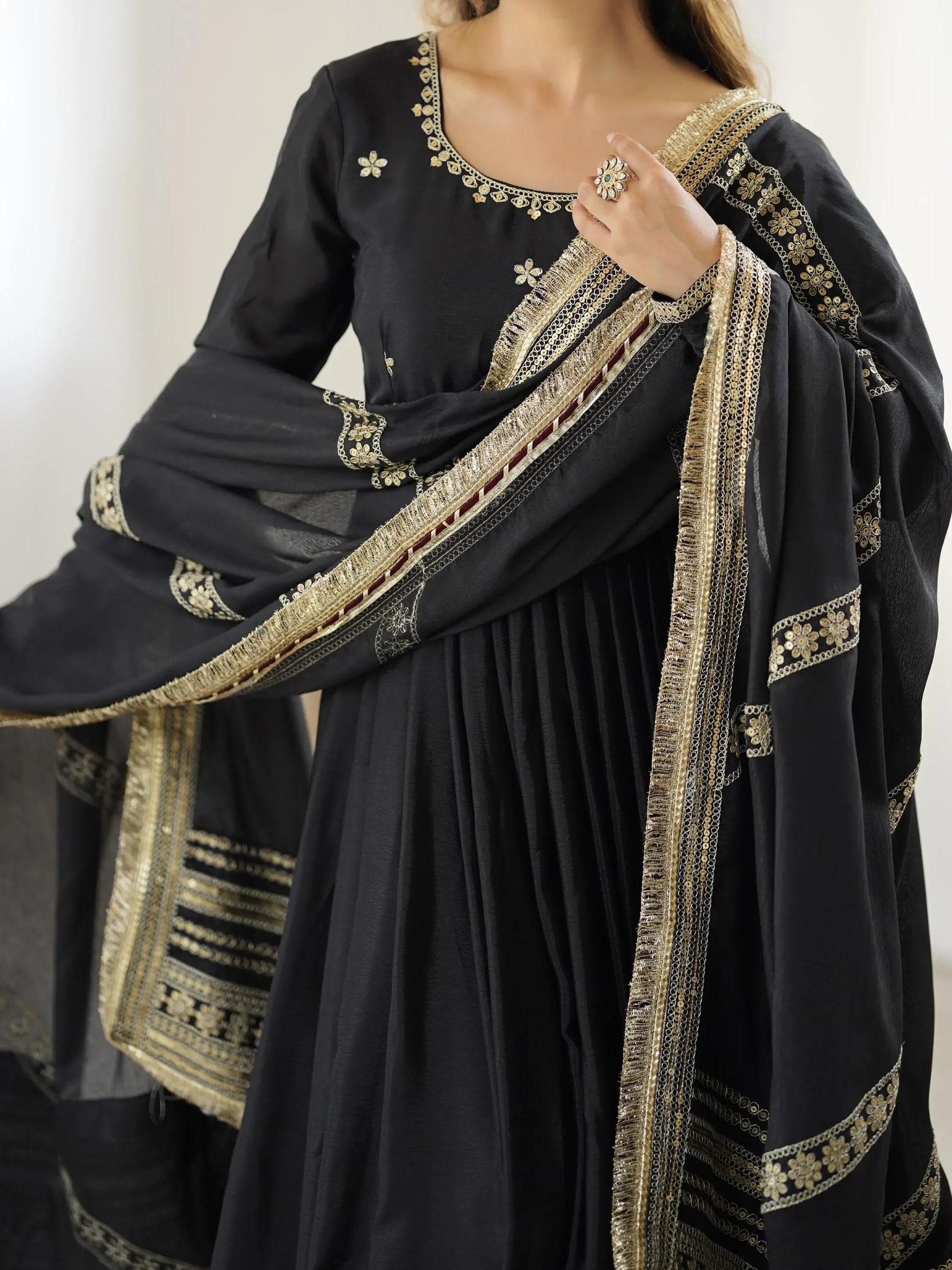 Pretty Black Thread Embroidered Chinon Silk Anarkali Suit With Dupatta - Zeel Clothing
