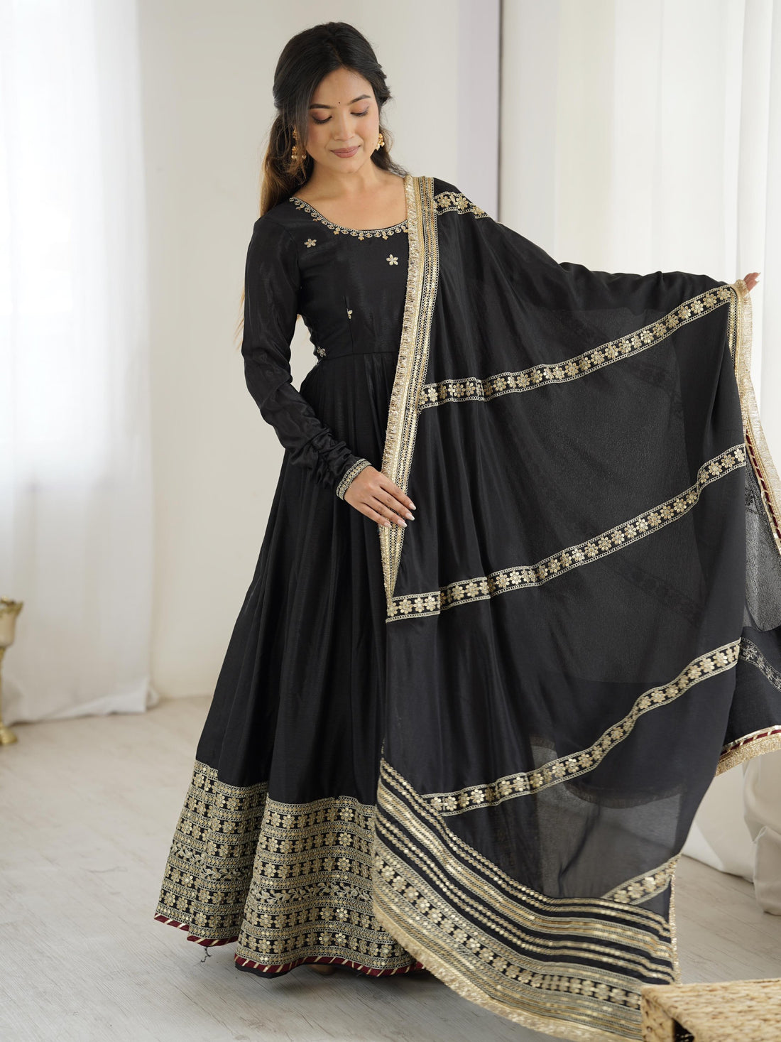 Pretty Black Thread Embroidered Chinon Silk Anarkali Suit With Dupatta - Zeel Clothing