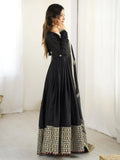 Pretty Black Thread Embroidered Chinon Silk Anarkali Suit With Dupatta - Zeel Clothing