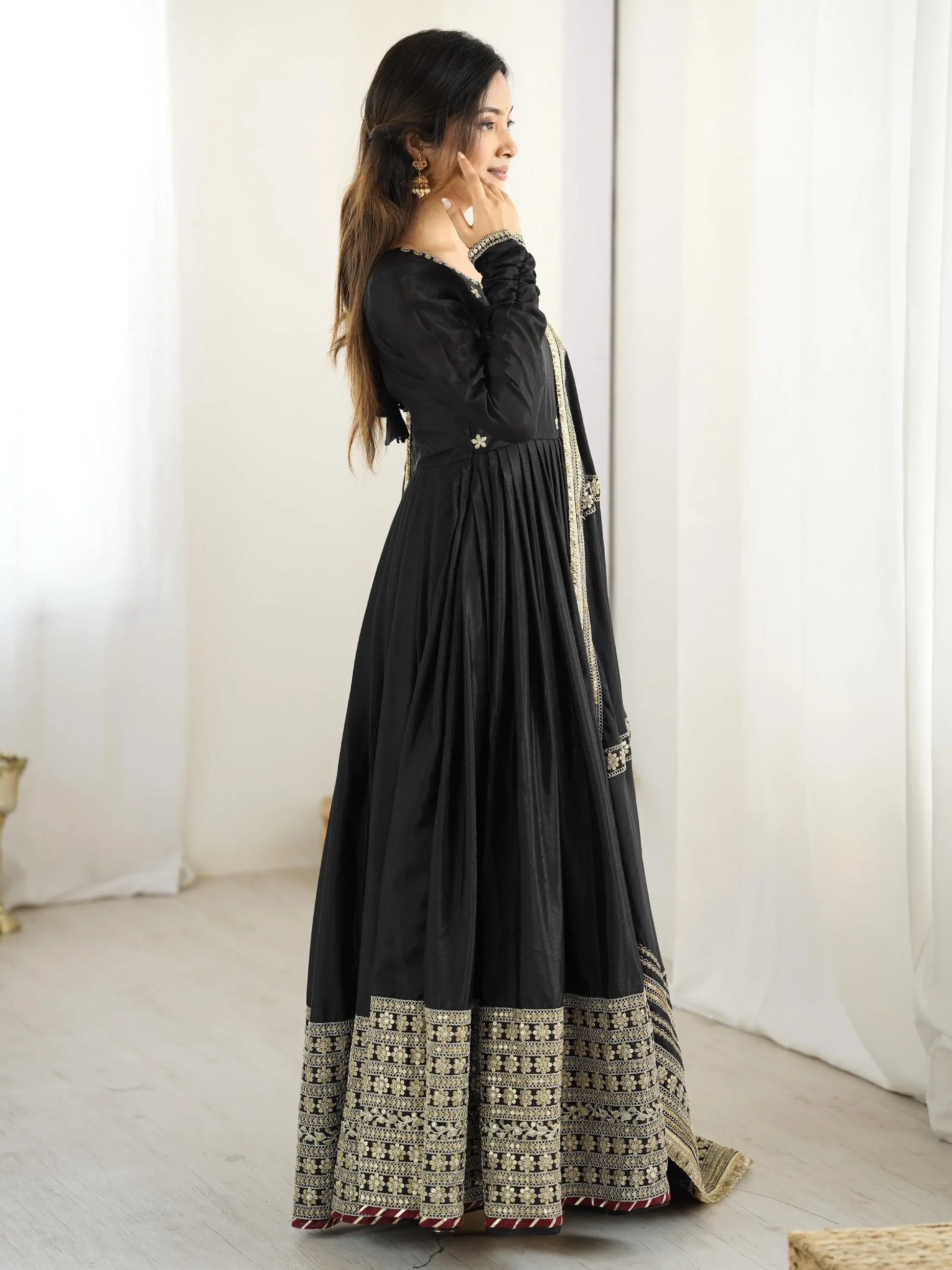 Pretty Black Thread Embroidered Chinon Silk Anarkali Suit With Dupatta - Zeel Clothing