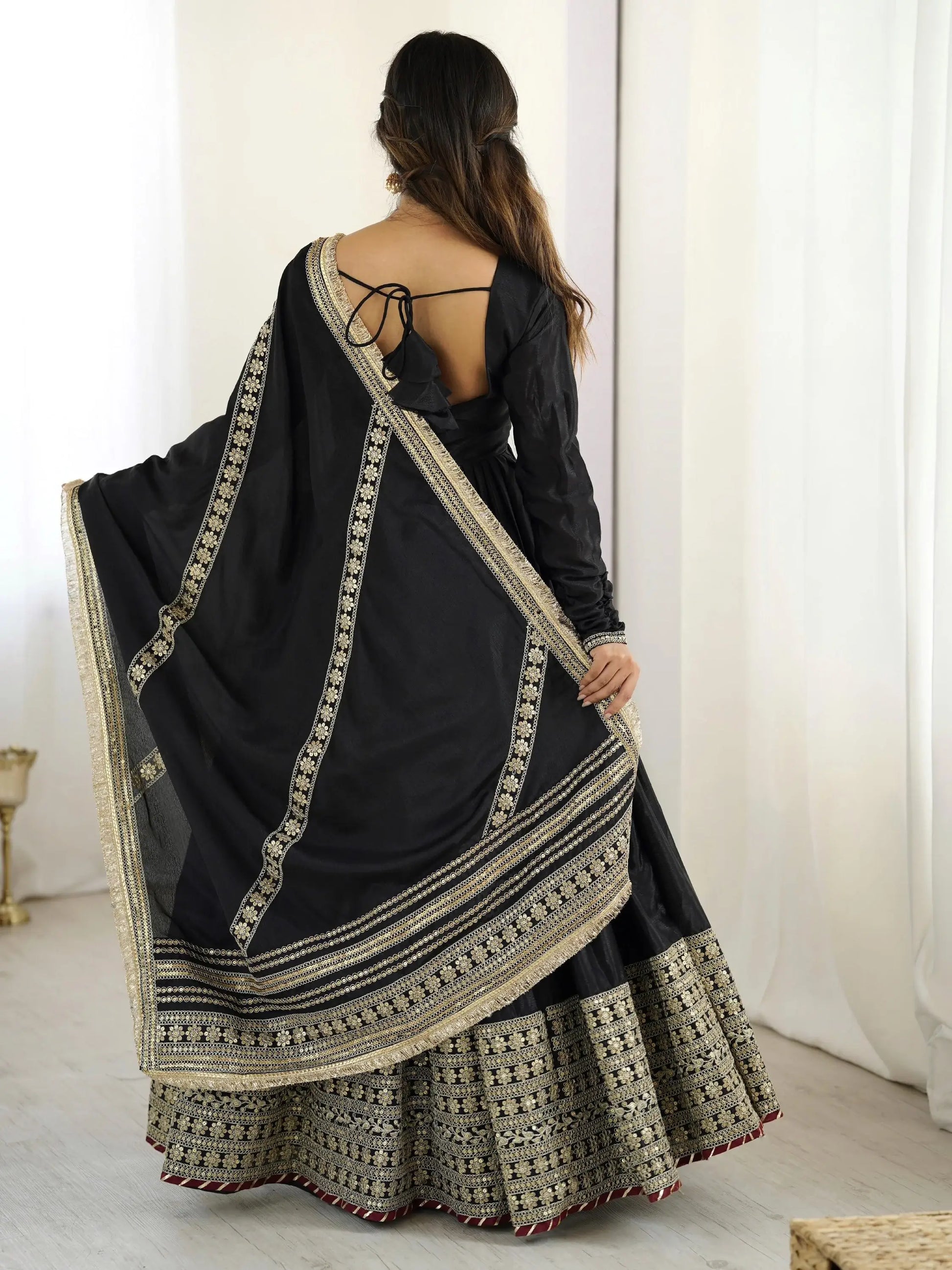 Pretty Black Thread Embroidered Chinon Silk Anarkali Suit With Dupatta - Zeel Clothing