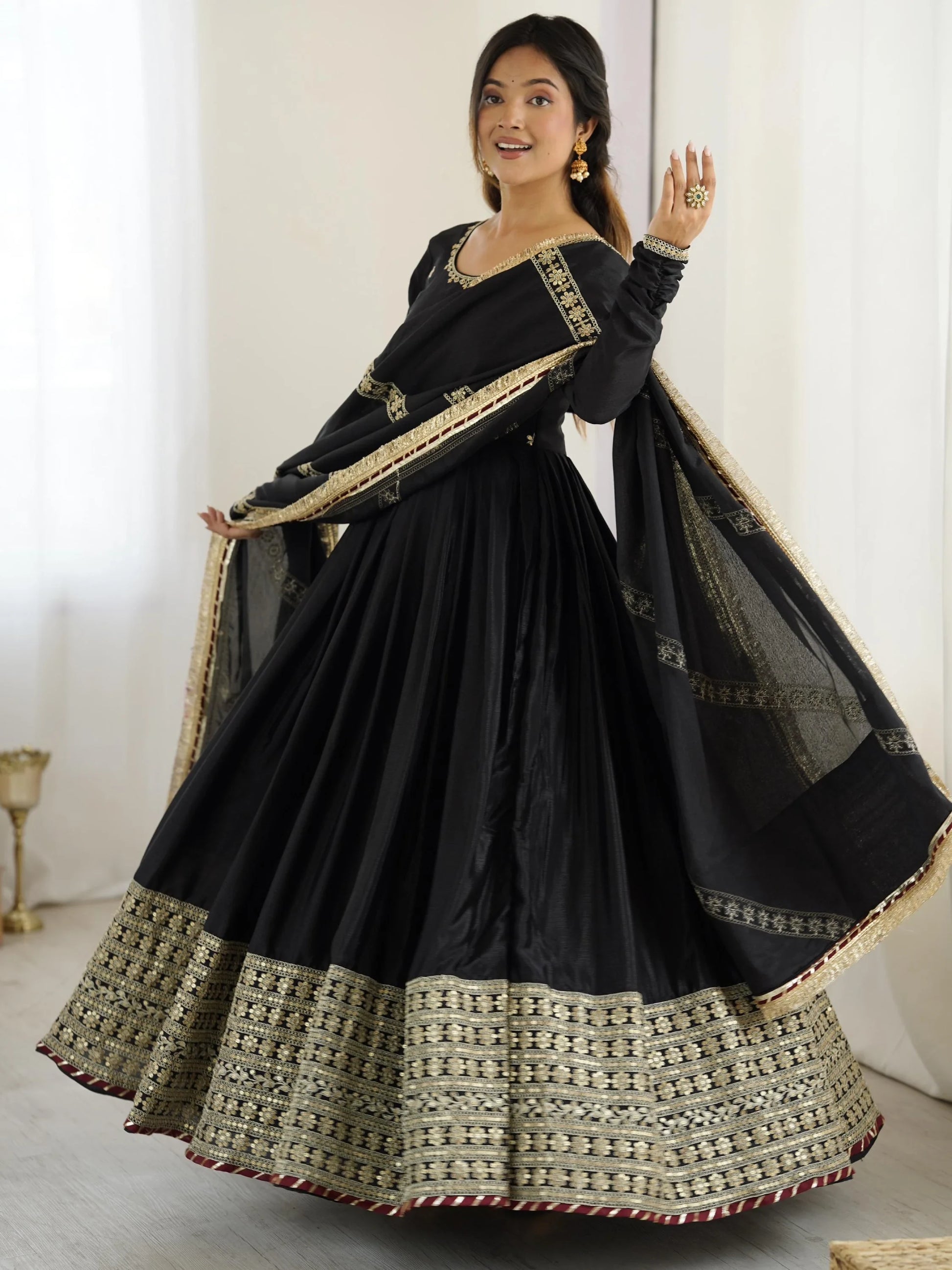 Pretty Black Thread Embroidered Chinon Silk Anarkali Suit With Dupatta - Zeel Clothing