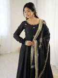 Pretty Black Thread Embroidered Chinon Silk Anarkali Suit With Dupatta - Zeel Clothing