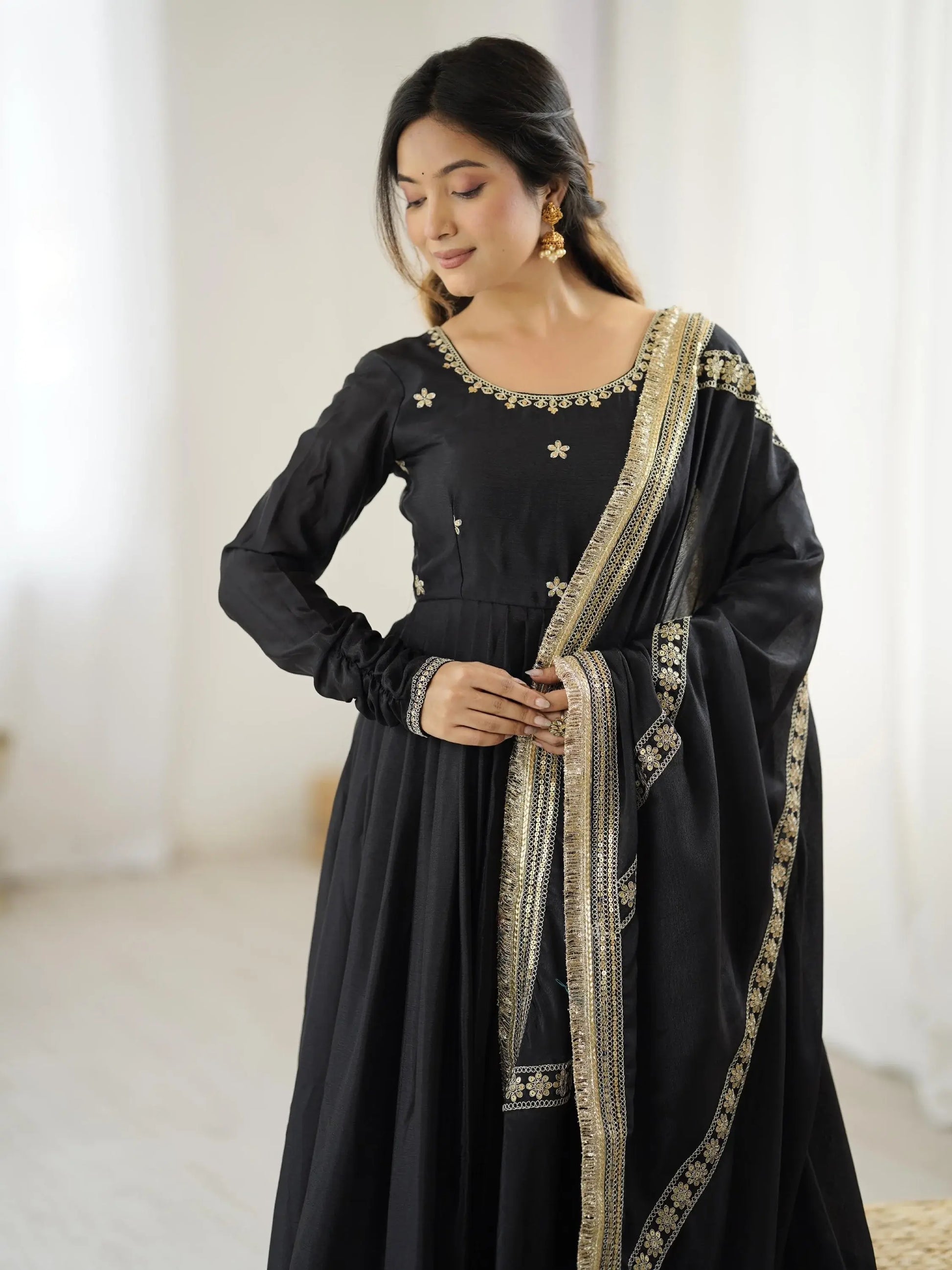 Pretty Black Thread Embroidered Chinon Silk Anarkali Suit With Dupatta - Zeel Clothing