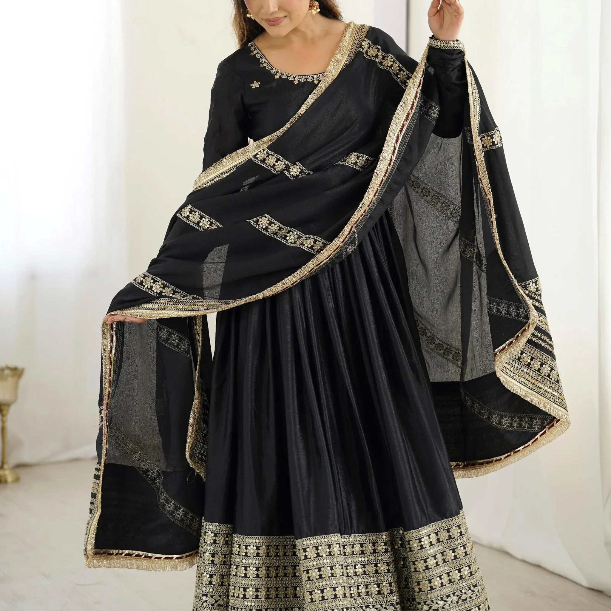 Pretty Black Thread Embroidered Chinon Silk Anarkali Suit With Dupatta - Zeel Clothing