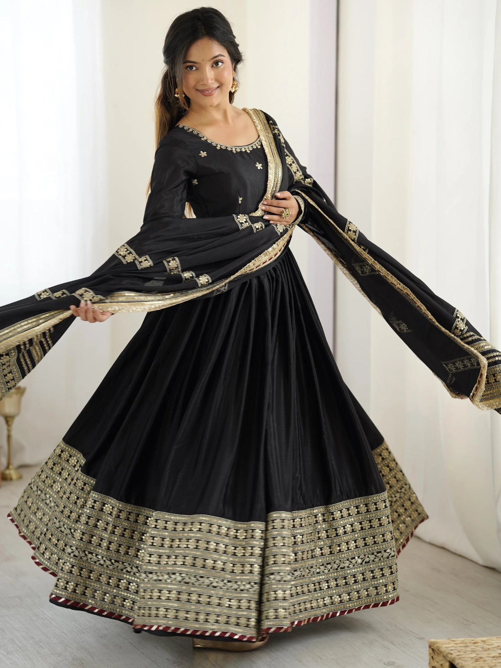 Pretty Black Thread Embroidered Chinon Silk Anarkali Suit With Dupatta - Zeel Clothing