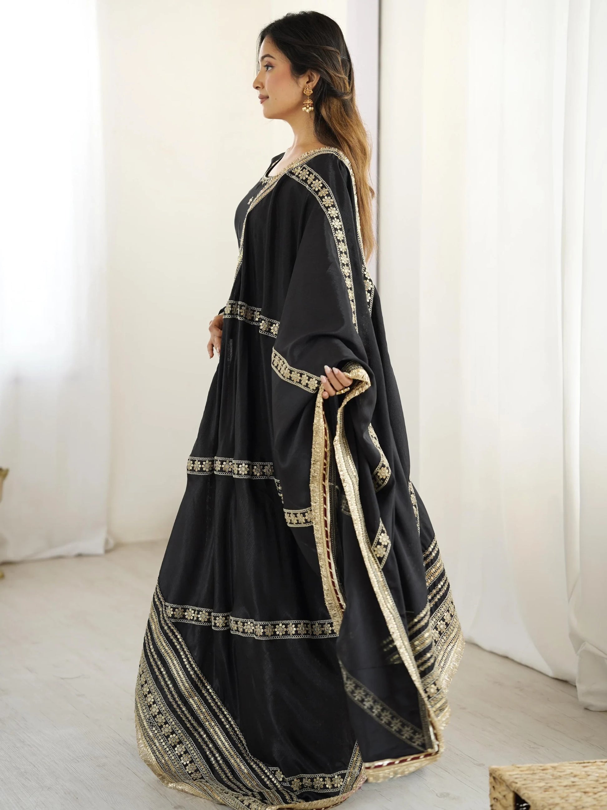 Pretty Black Thread Embroidered Chinon Silk Anarkali Suit With Dupatta - Zeel Clothing
