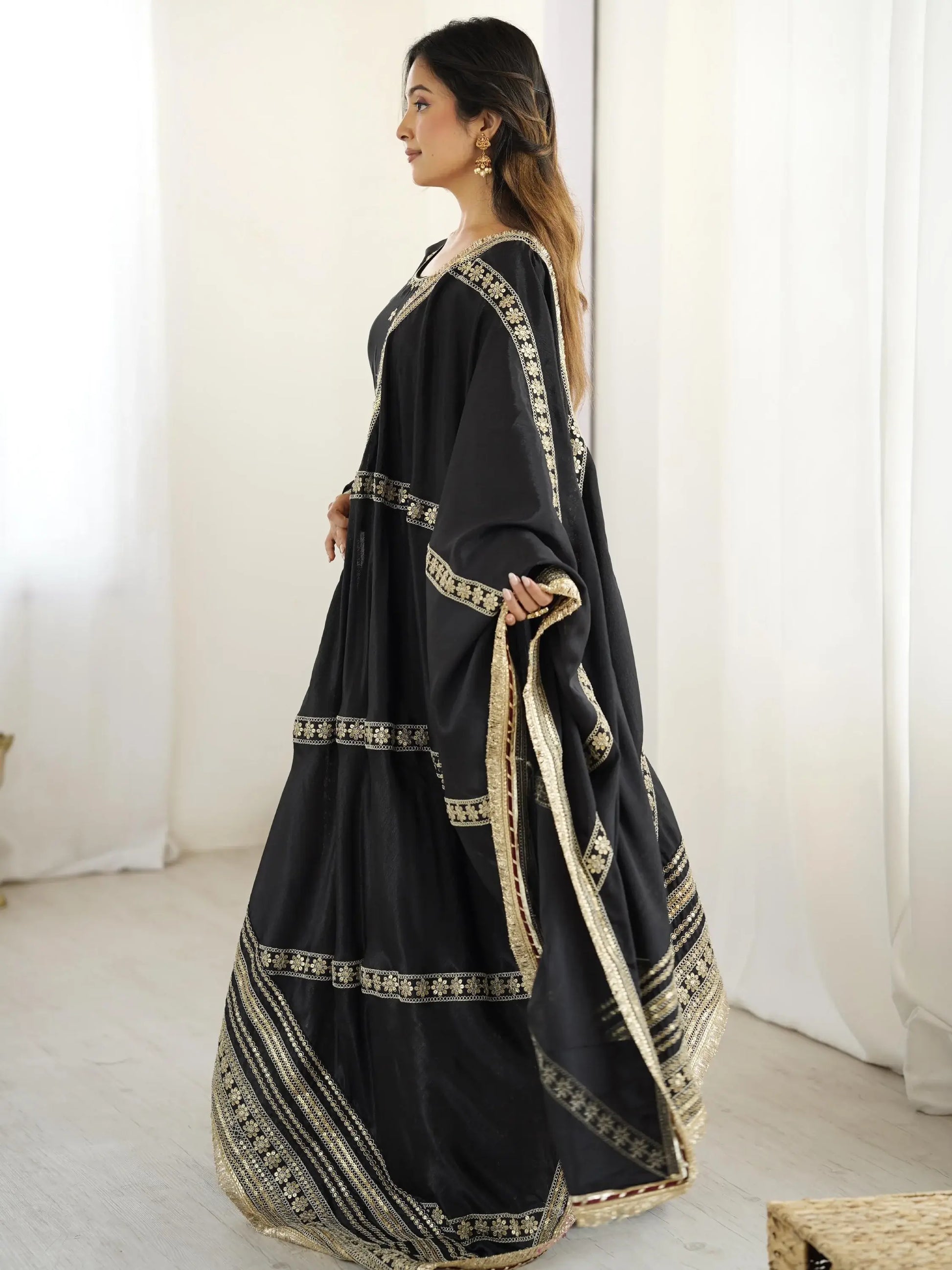Pretty Black Thread Embroidered Chinon Silk Anarkali Suit With Dupatta - Zeel Clothing