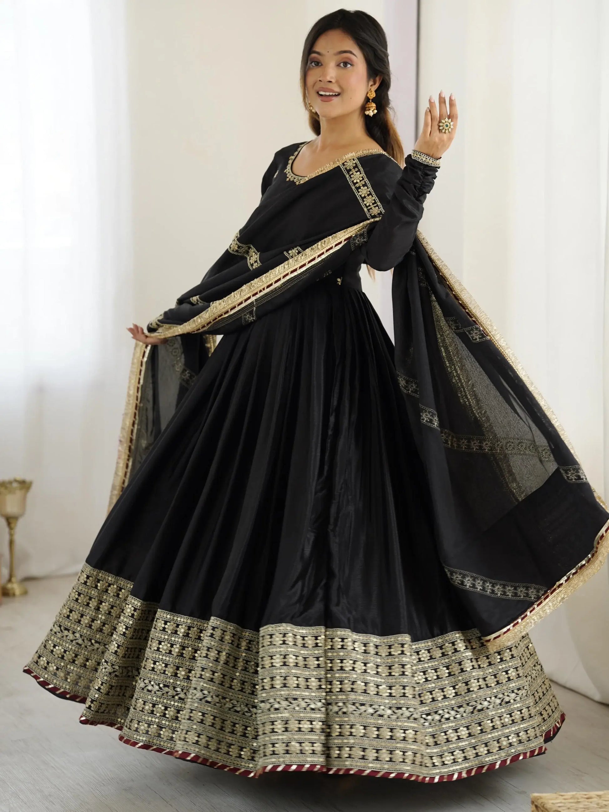 Pretty Black Thread Embroidered Chinon Silk Anarkali Suit With Dupatta - Zeel Clothing