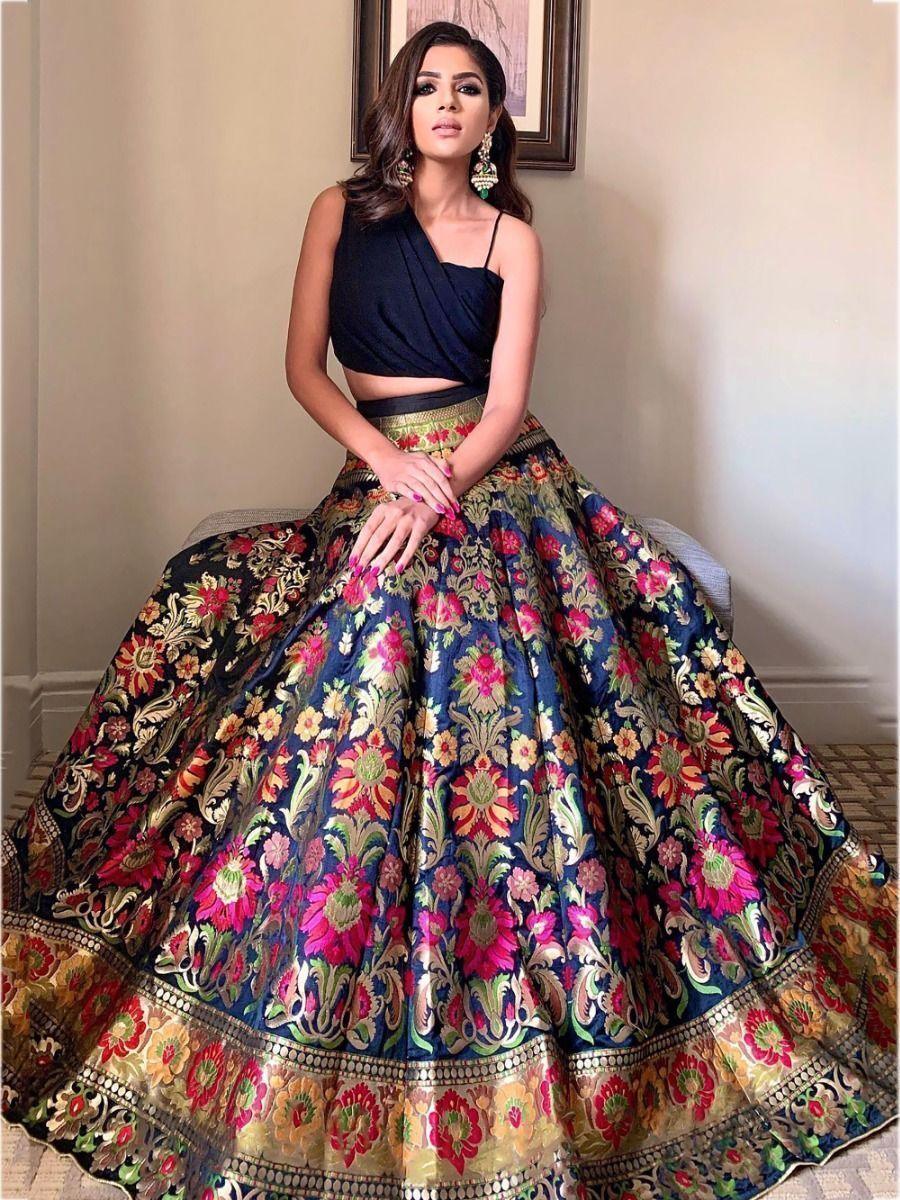 Pretty Black Zari Weaving Banarasi Silk Indo-Western Crop Top Lehenga