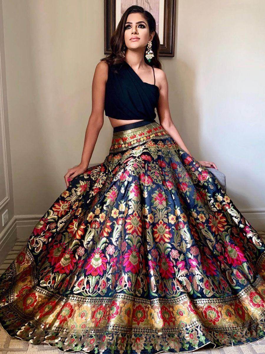 Pretty Black Zari Weaving Banarasi Silk Indo-Western Crop Top Lehenga - Zeel Clothing