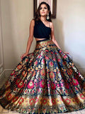 Pretty Black Zari Weaving Banarasi Silk Indo-Western Crop Top Lehenga - Zeel Clothing