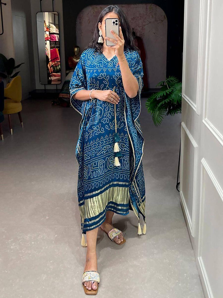 Pretty Blue Bandhani Print Gaji Silk Festival Wear Readymade Kaftan