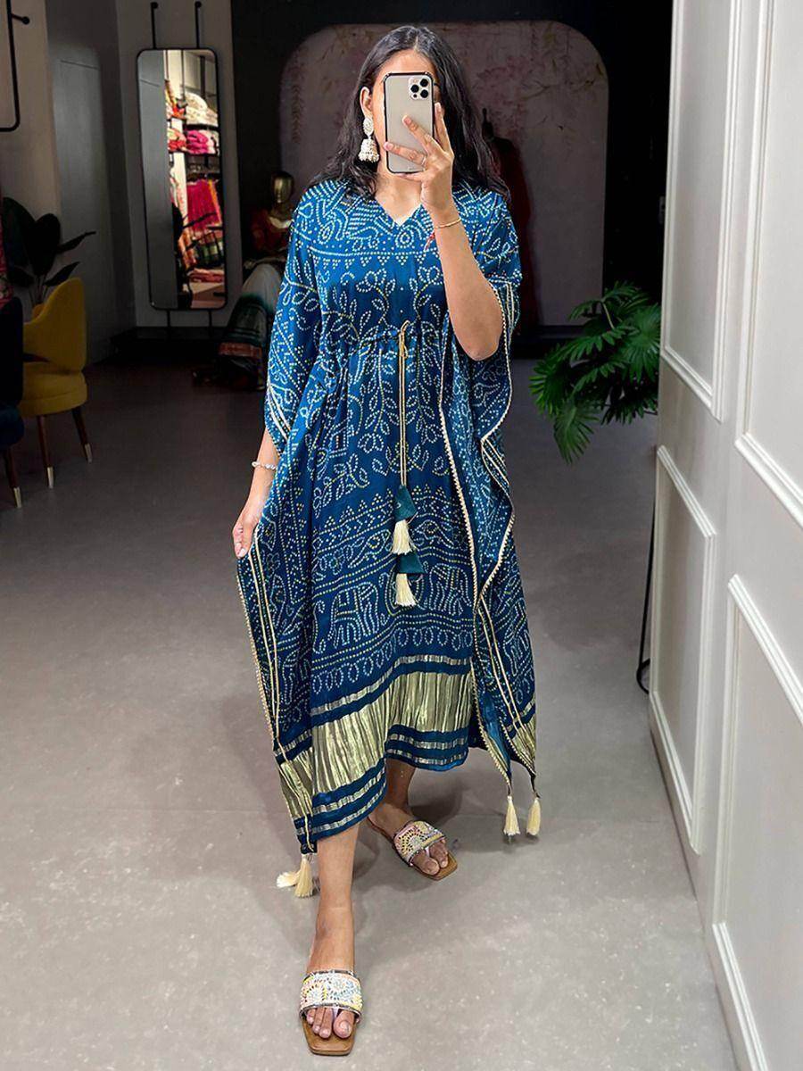 Pretty Blue Bandhani Print Gaji Silk Festival Wear Readymade Kaftan - Zeel Clothing