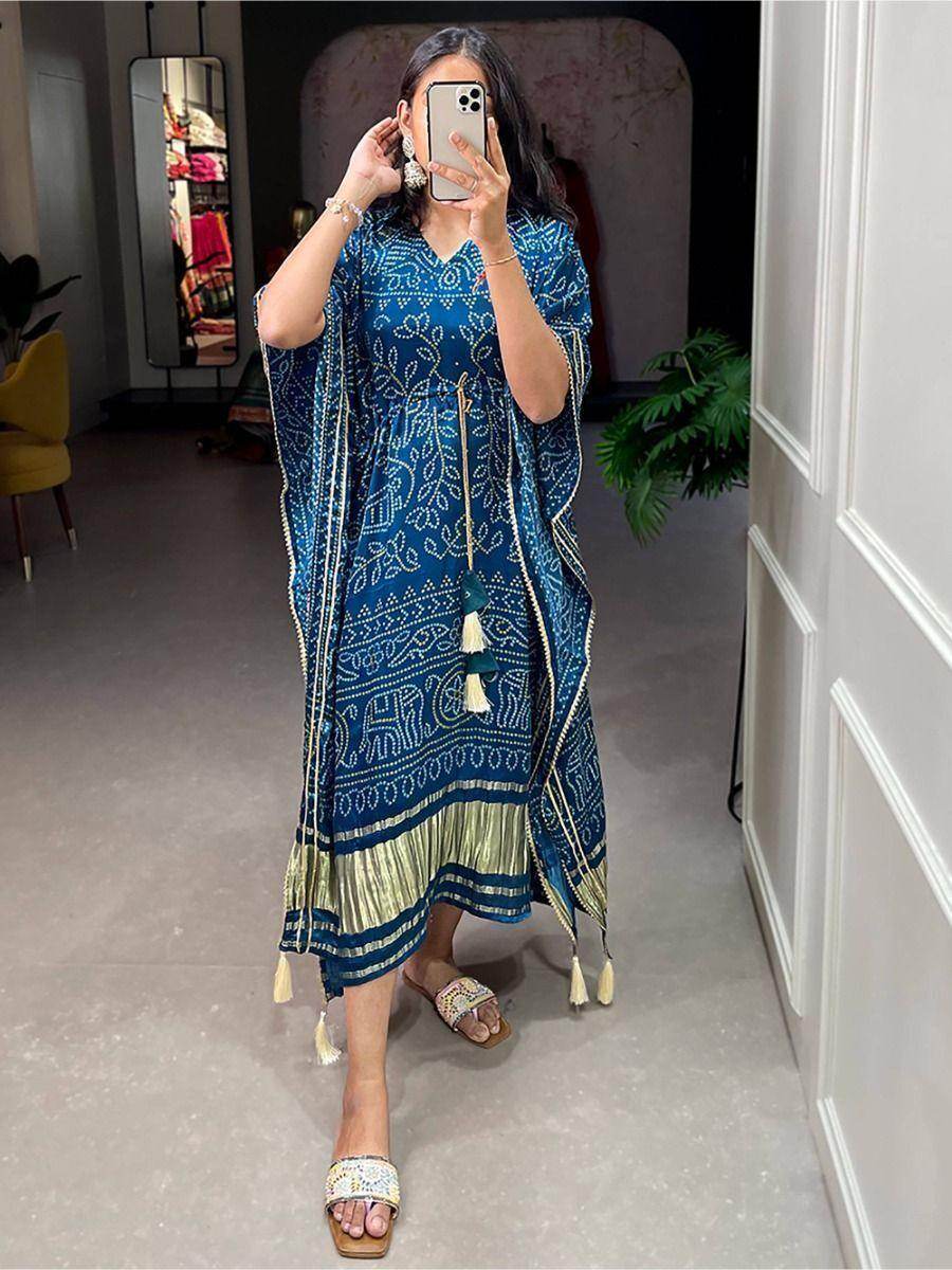 Pretty Blue Bandhani Print Gaji Silk Festival Wear Readymade Kaftan - Zeel Clothing