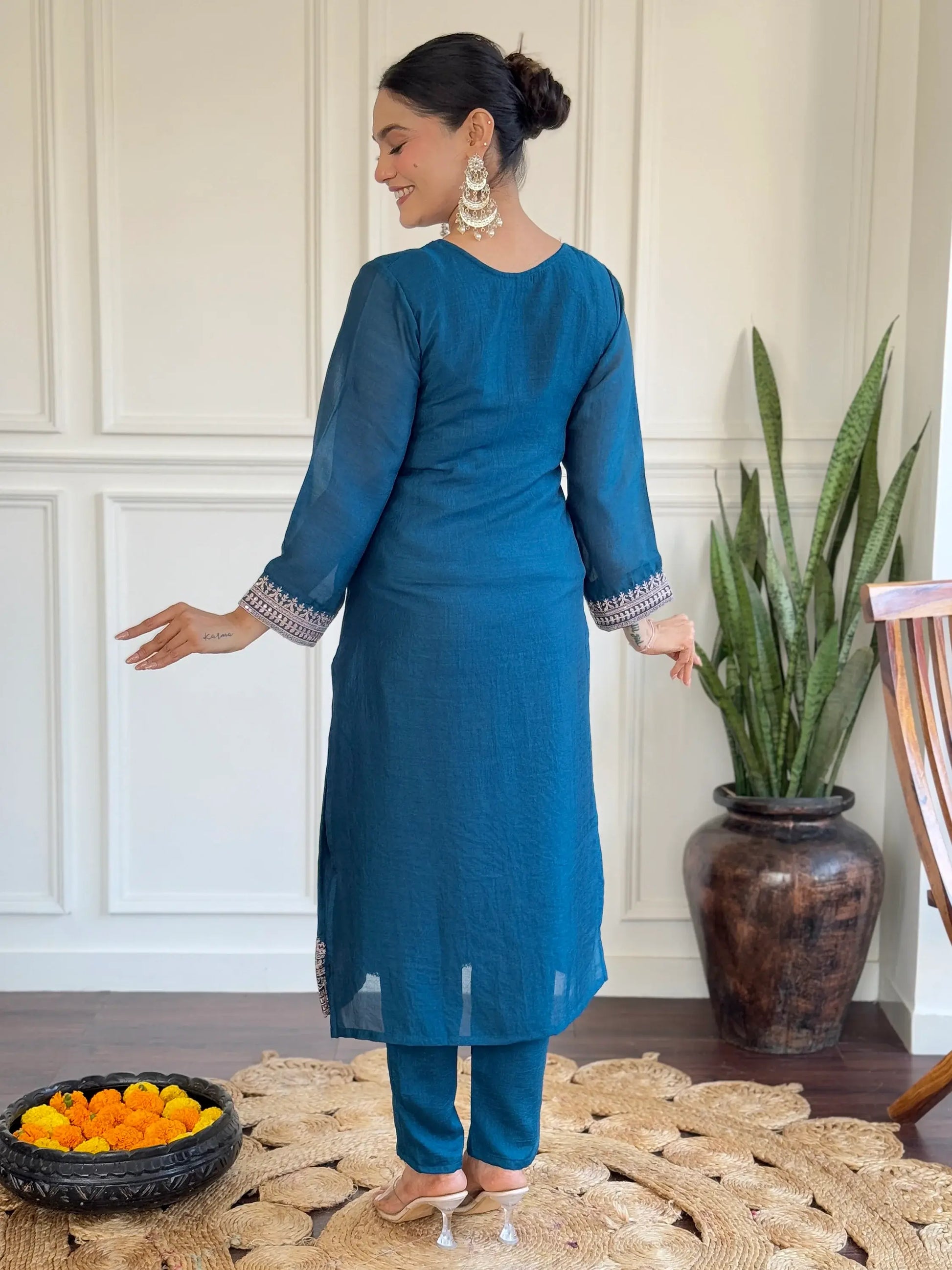 Pretty Blue Embroidered Vichitra Silk Festival Wear Pant Suit With Dupatta - Zeel Clothing