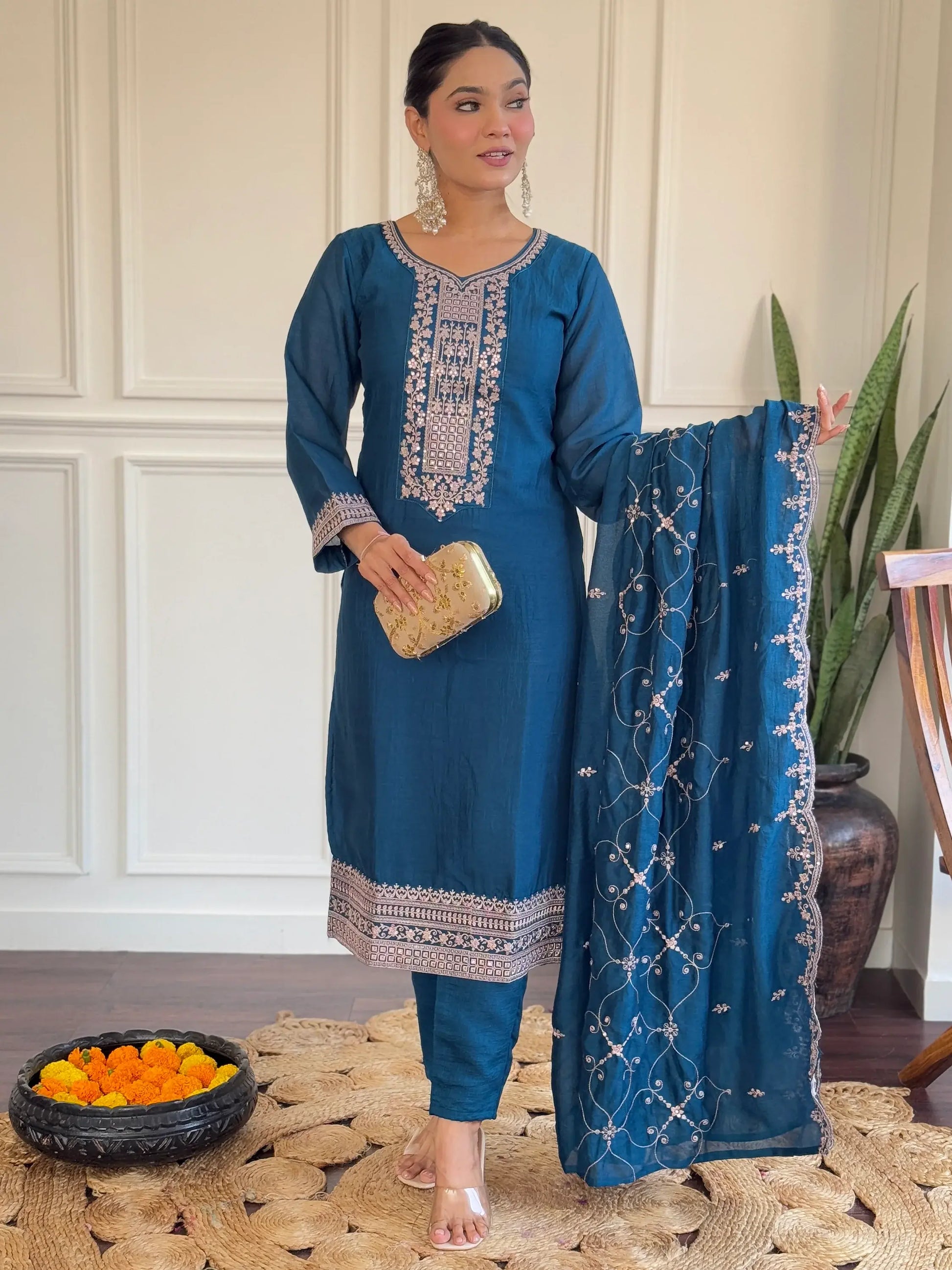 Pretty Blue Embroidered Vichitra Silk Festival Wear Pant Suit With Dupatta - Zeel Clothing