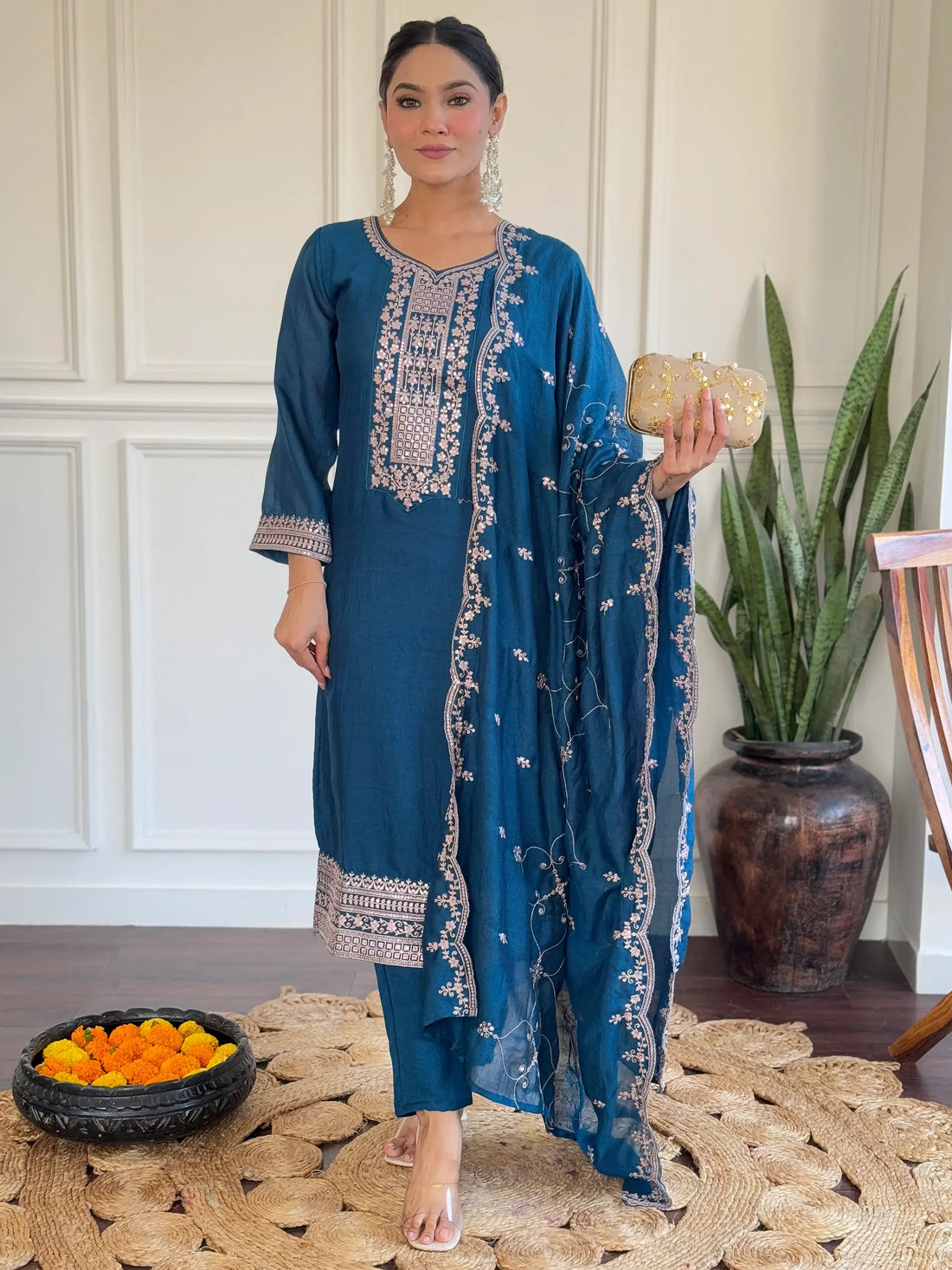 Pretty Blue Embroidered Vichitra Silk Festival Wear Pant Suit With Dupatta - Zeel Clothing