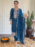 Pretty Blue Embroidered Vichitra Silk Festival Wear Pant Suit With Dupatta - Zeel Clothing