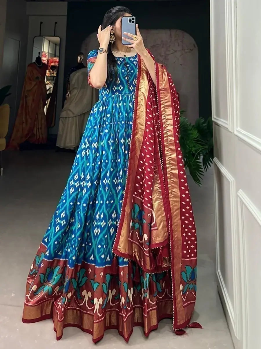 Pretty Blue Patola Printed Silk Function Wear Gown With Dupatta - Zeel Clothing