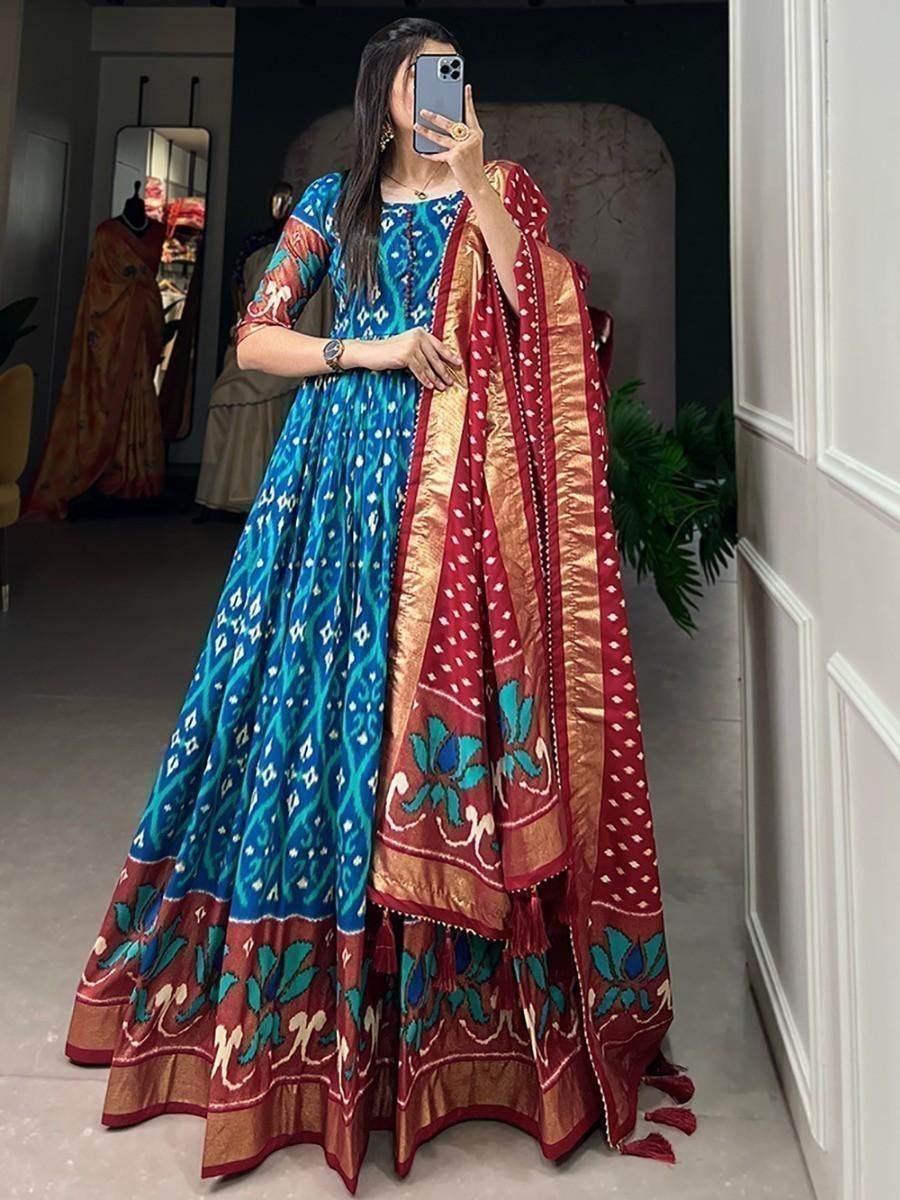 Pretty Blue Patola Printed Silk Function Wear Gown With Dupatta - Zeel Clothing