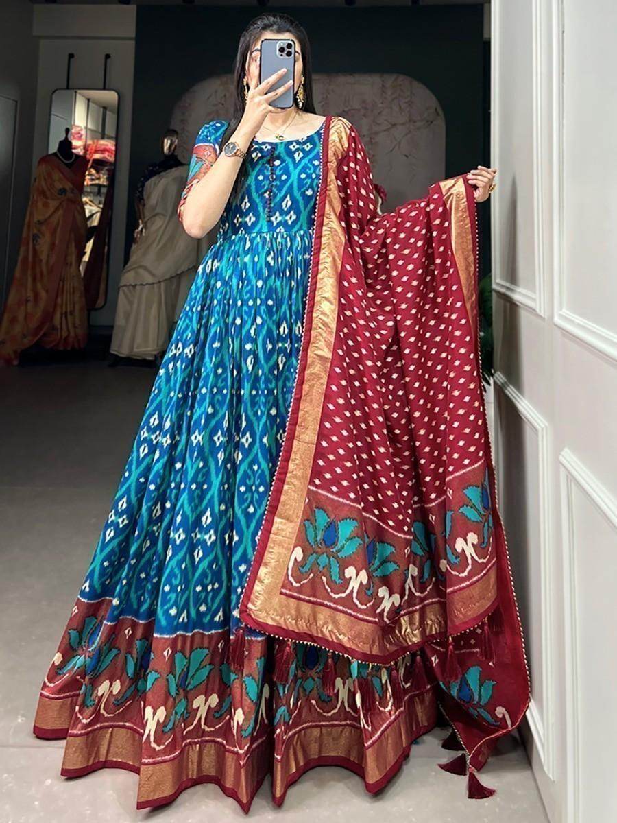 Pretty Blue Patola Printed Silk Function Wear Gown With Dupatta - Zeel Clothing