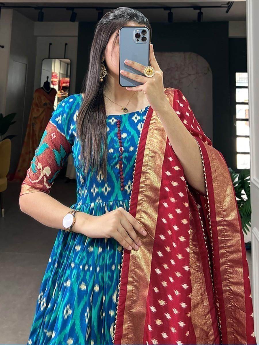 Pretty Blue Patola Printed Silk Function Wear Gown With Dupatta - Zeel Clothing