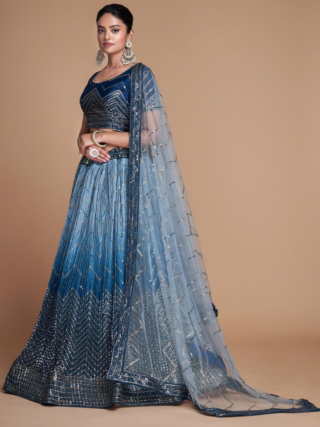 Pretty Blue Sequins Chinon Festive Wear Lehenga Choli With Dupatta