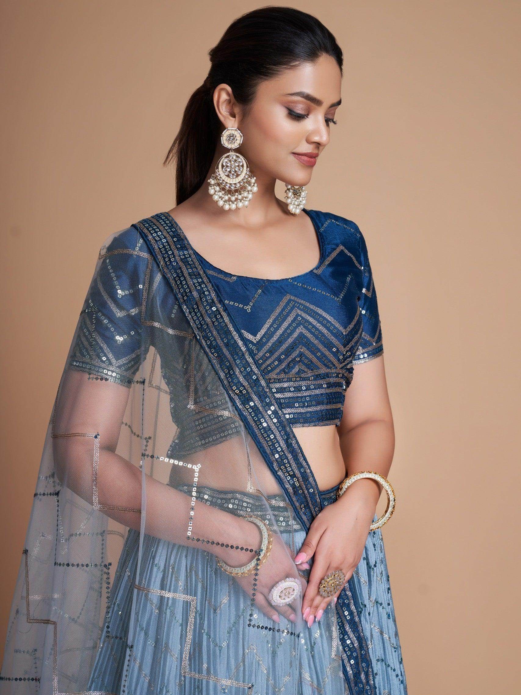 Pretty Blue Sequins Chinon Festive Wear Lehenga Choli With Dupatta - Zeel Clothing