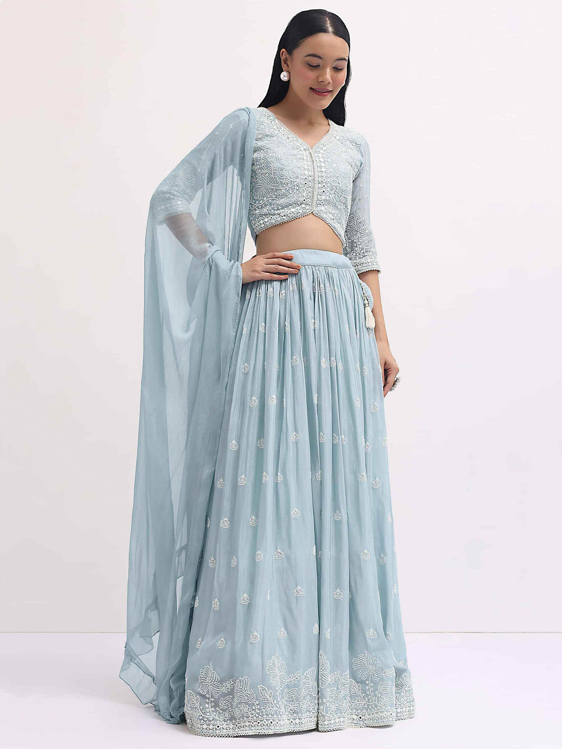 Pretty Blue Thread Embroidered Georgette Reception Wear Lehenga Choli - Zeel Clothing
