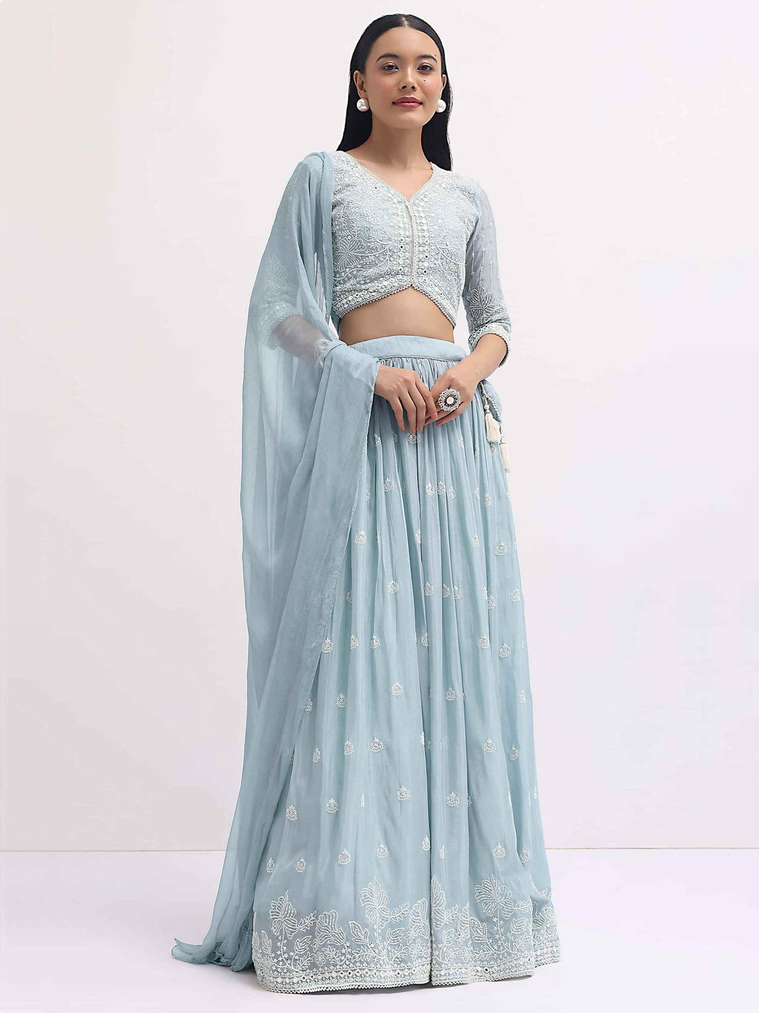 Pretty Blue Thread Embroidered Georgette Reception Wear Lehenga Choli - Zeel Clothing