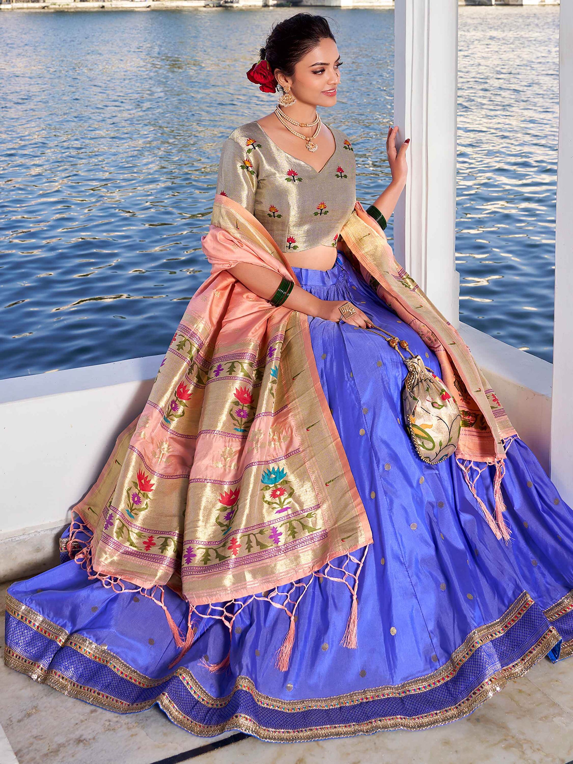 Pretty Blue Zari Weaving Silk Traditional Lehenga Choli With Dupatta - Zeel Clothing